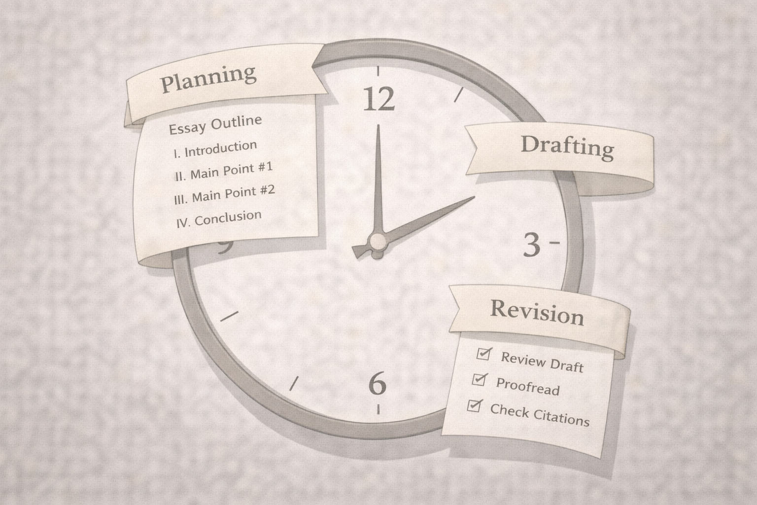 Clean academic illustration of a clock integrated with an essay outline and a checklist, symbolising academic planning, drafting, and revision stages in a minimalist university style with a neutral scholarly colour palette.