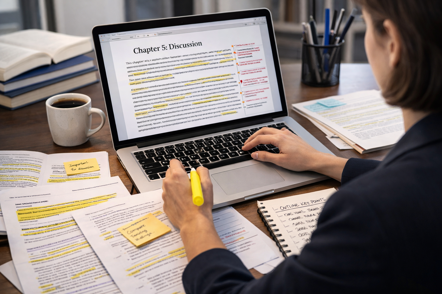 Student writing a thesis discussion section on a laptop with highlighted research papers, notes, and a clean, professional academic workspace