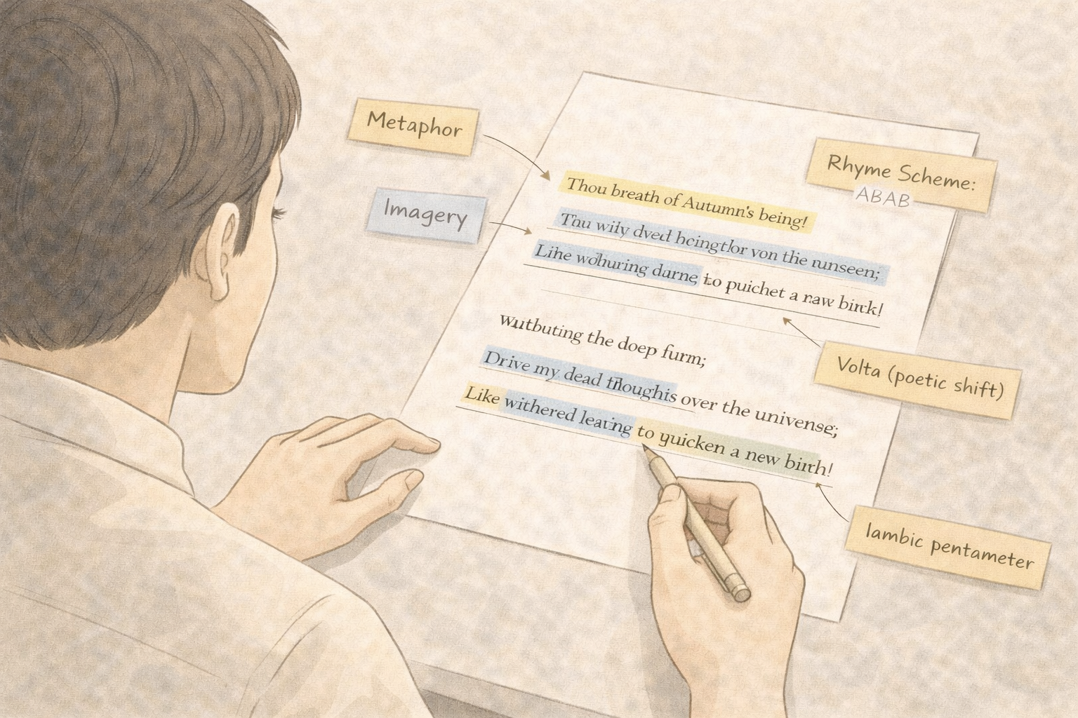 Minimalist academic illustration of a university student closely reading a poem, with annotated lines and literary notes highlighting poetic devices, presented in a clean university style with neutral scholarly colours.
