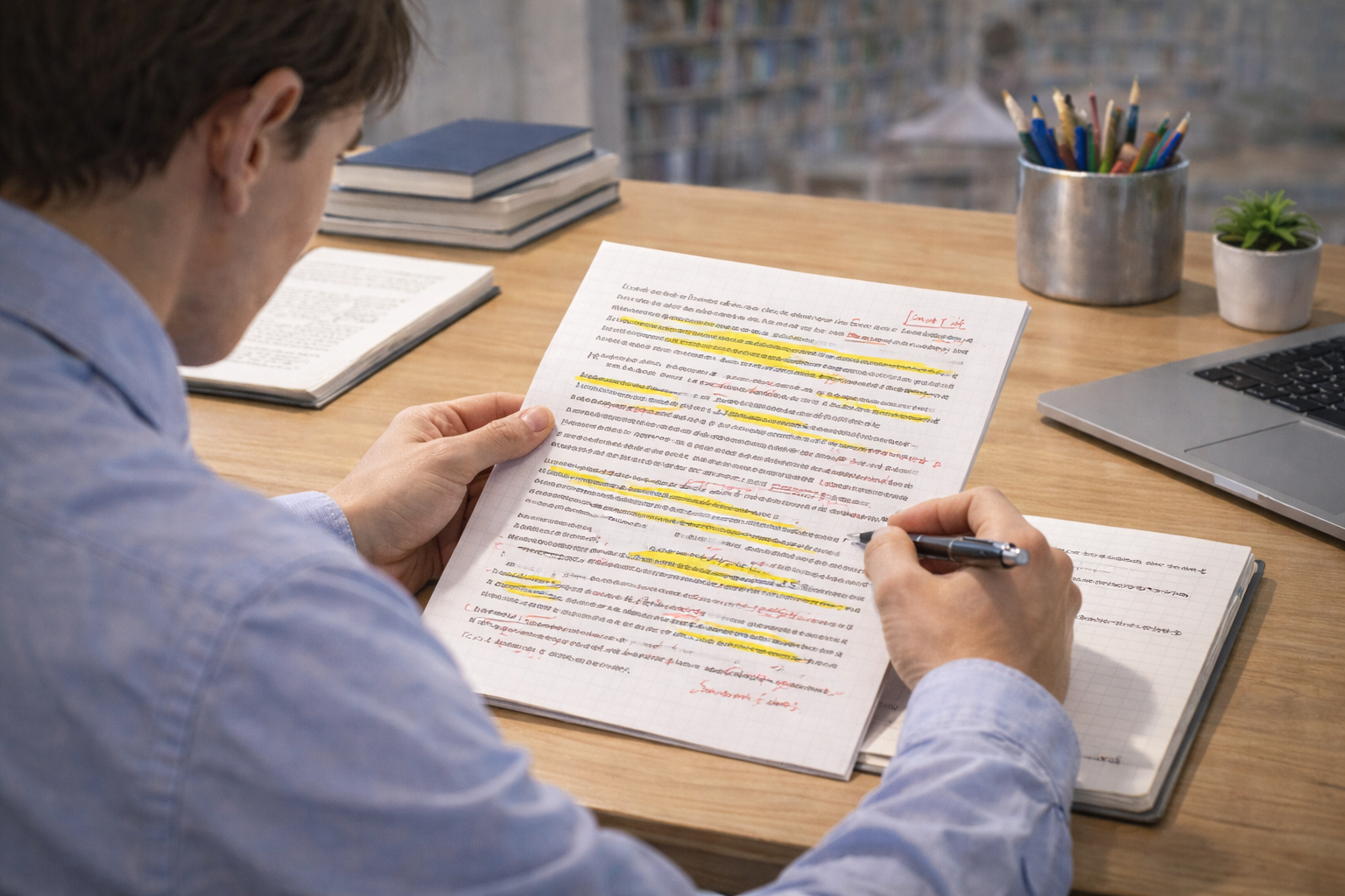 Academic illustration of a student closely analysing a printed text at a quiet study desk, with annotated margin notes and highlighted phrases, surrounded by books and study materials in a neutral university setting.