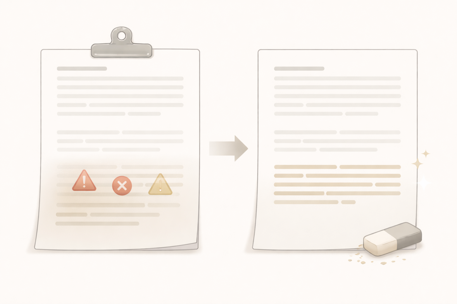 Alt text: Minimalist academic illustration of a completed essay where warning symbols fade into a clear, polished final paragraph, representing corrected conclusion mistakes in neutral scholarly colours.