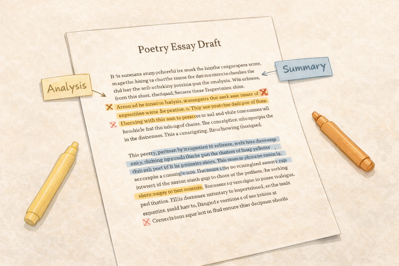 Minimalist academic illustration of a poetry essay draft with highlighted errors and margin notes distinguishing analytical commentary from summary, presented in a clean university style with a neutral scholarly colour palette.