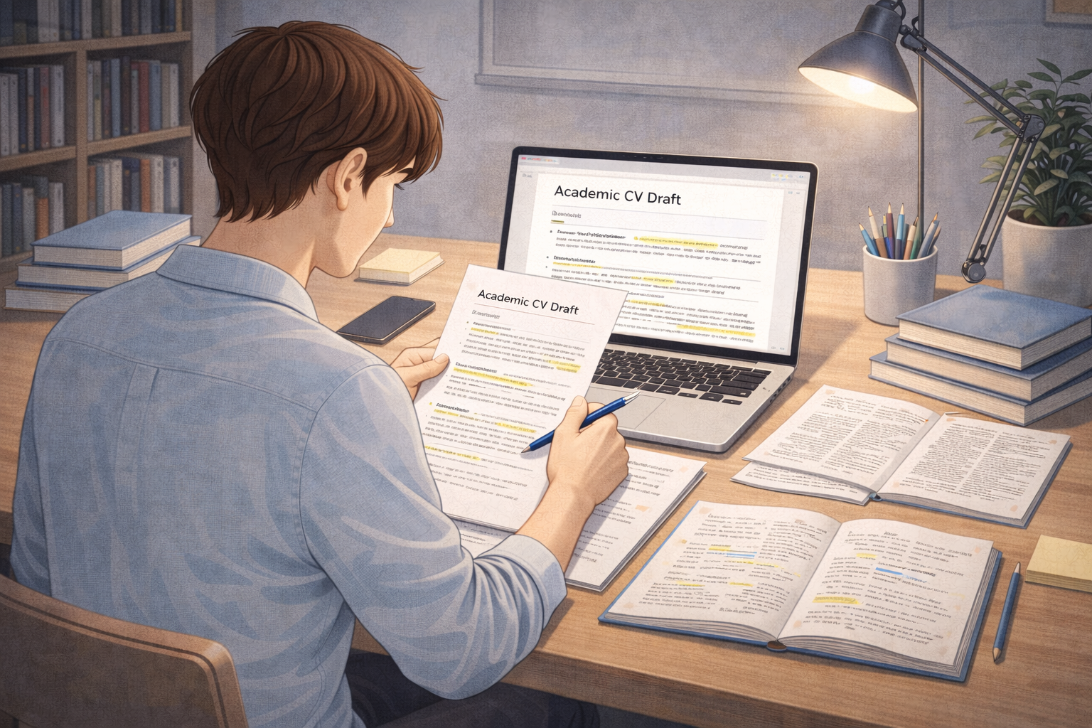 Academic illustration of a PhD applicant reviewing an academic CV draft at a desk, holding a printed CV while referencing the document on a laptop, with research papers and academic books arranged neatly in a focused study environment.
