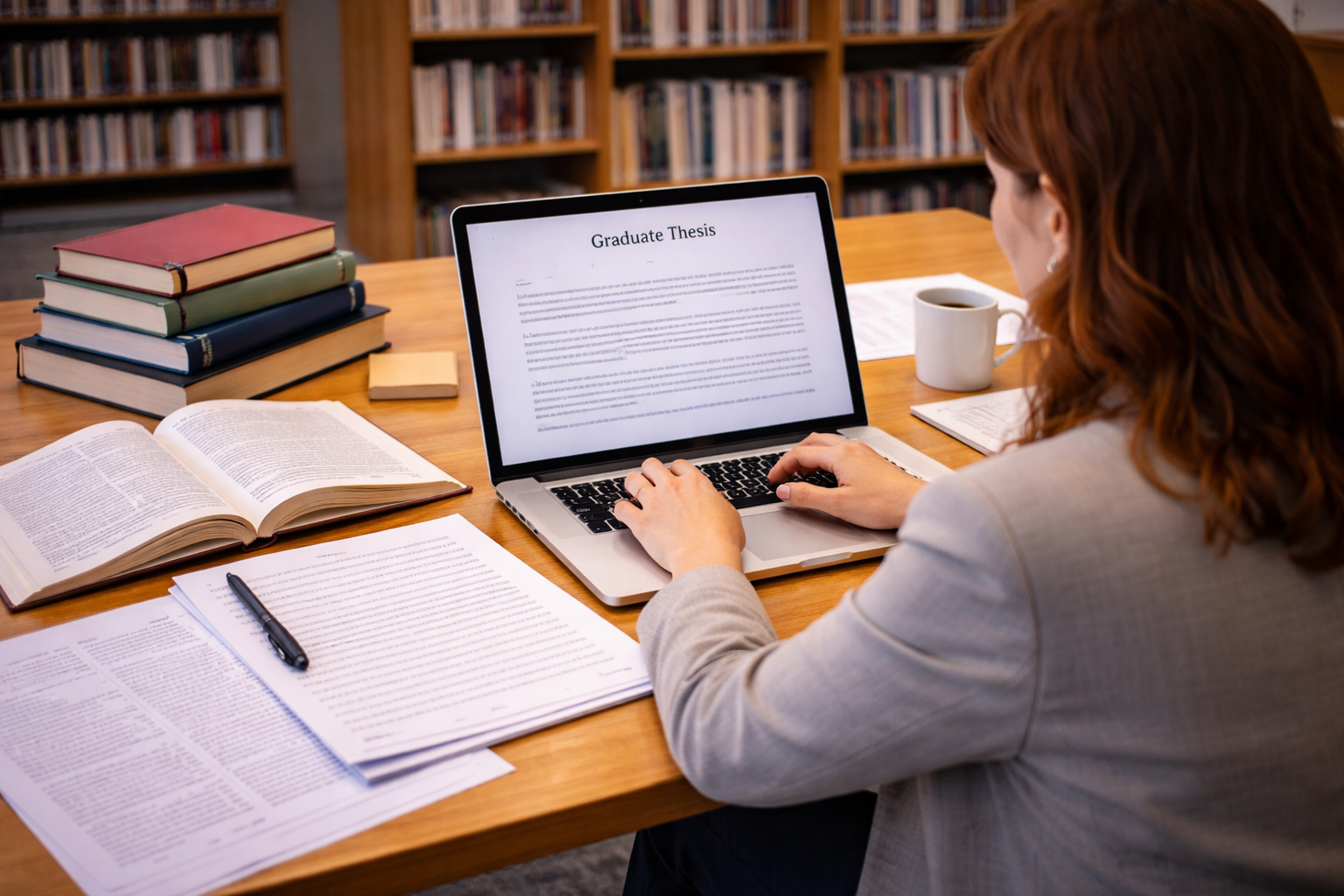 Graduate student writing a thesis on a laptop surrounded by academic books, research papers, and notes in a quiet university library study environment