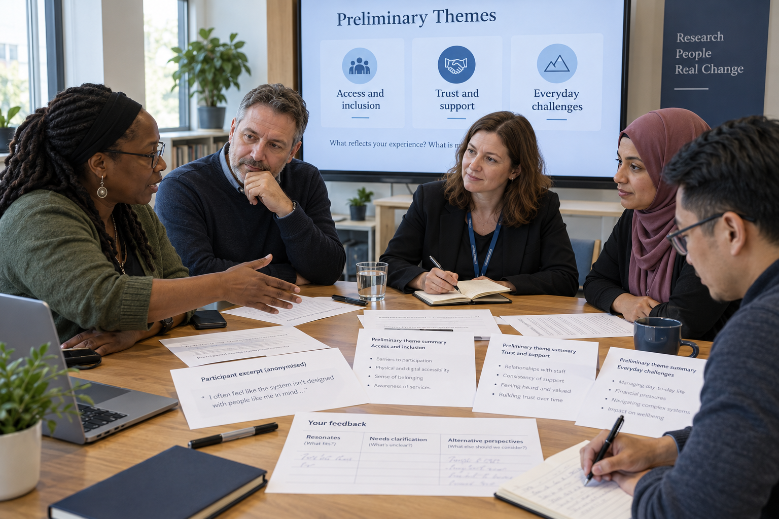 Qualitative researcher discussing preliminary themes with four research participants during a member-checking session, using theme summaries and feedback sheets.