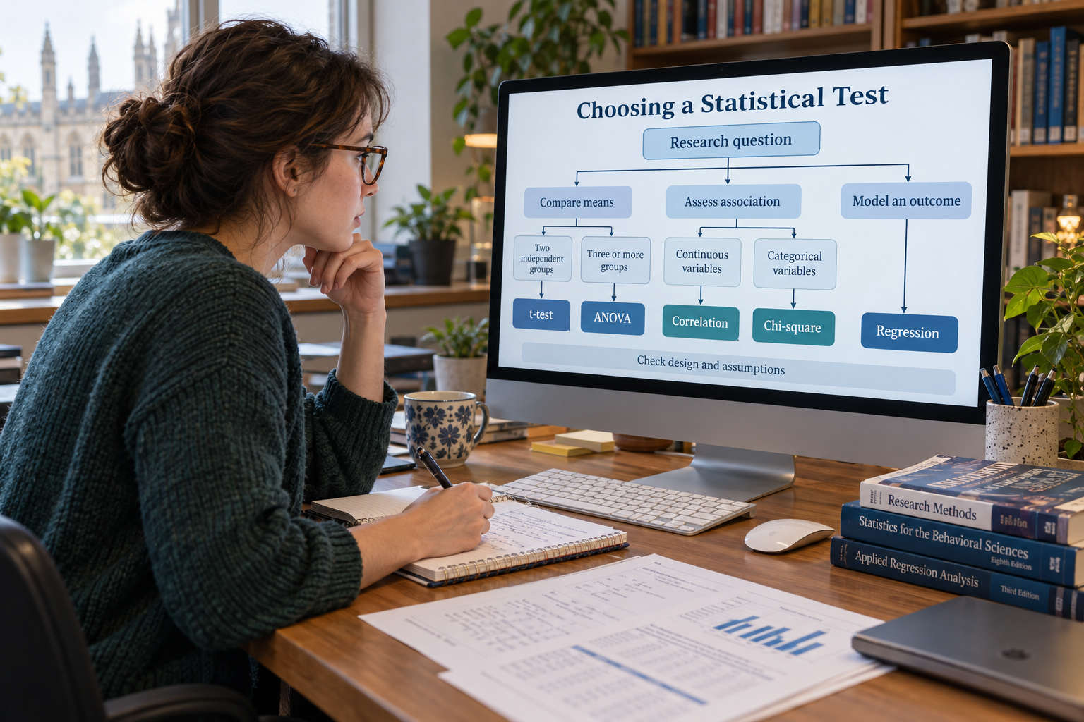 Graduate researcher using a decision chart to choose between t-test, ANOVA, correlation, chi-square, and regression.
