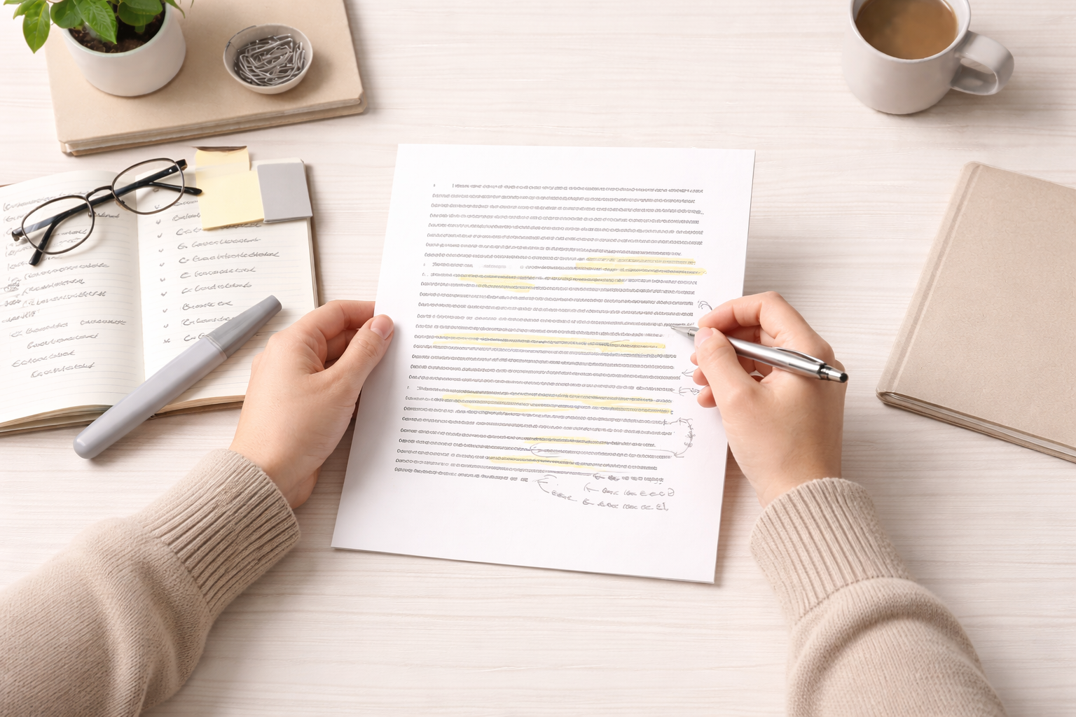 Minimalist academic desk scene showing a student reviewing and annotating an essay draft with notes and corrections, arranged in a calm, professional university study environment with neutral tones.