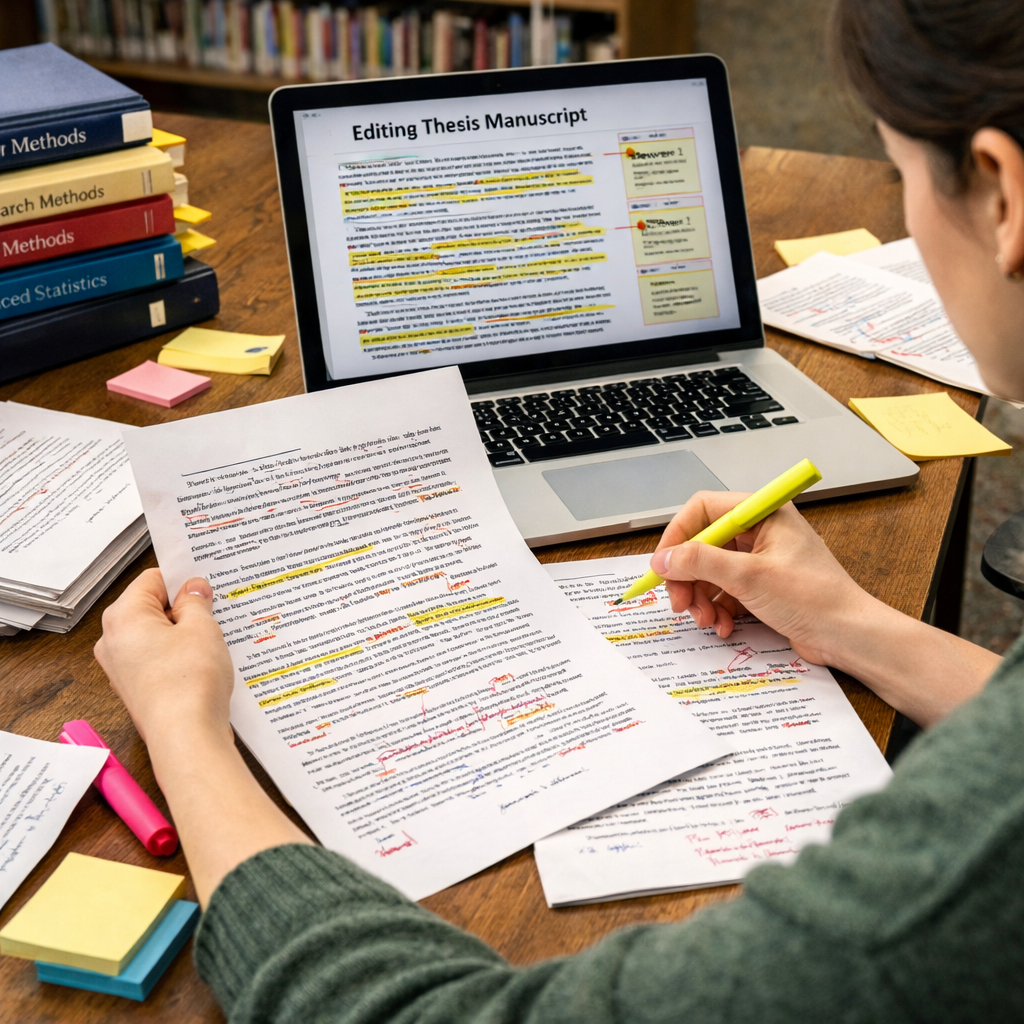 Graduate student editing thesis manuscript at a study desk with laptop, annotated dissertation pages, academic books, and highlighters in a focused academic environment
