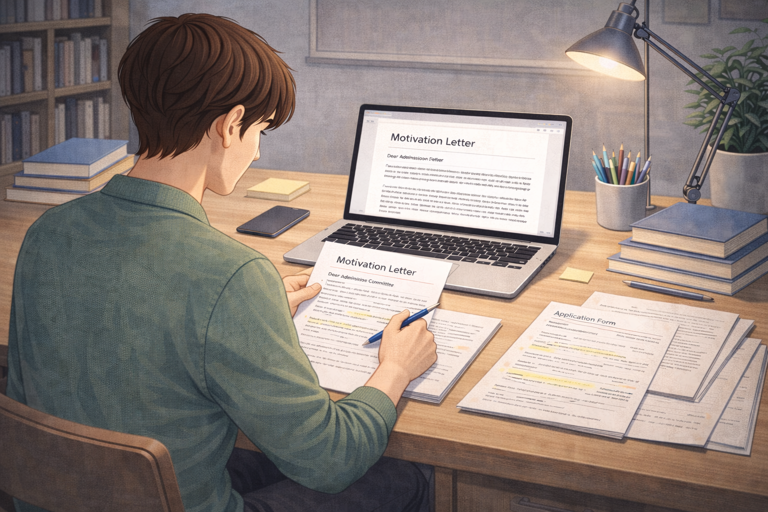 Academic illustration of a graduate student writing a motivation letter at a desk, with a laptop displaying the draft, academic books, and application documents arranged neatly in a focused study environment.