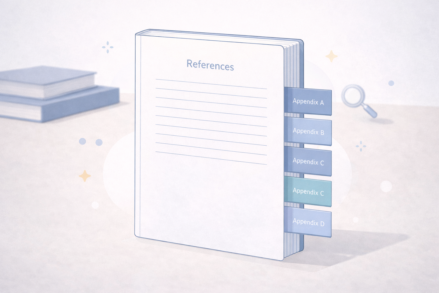 Minimalist academic illustration of a bound thesis with appendices clearly separated after the references section, presented in a clean university-style layout with neutral scholarly colours.
