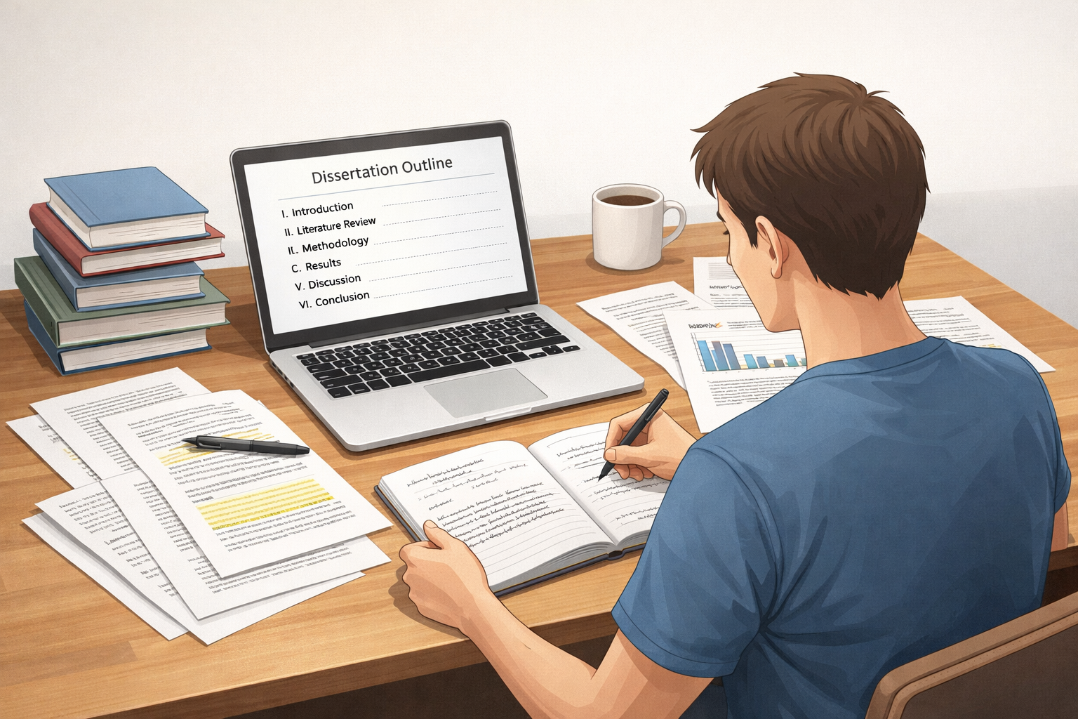 Clean academic illustration of a university student writing a dissertation at a study desk with a laptop, books, and research papers, alongside a visible structured outline showing organized dissertation sections.