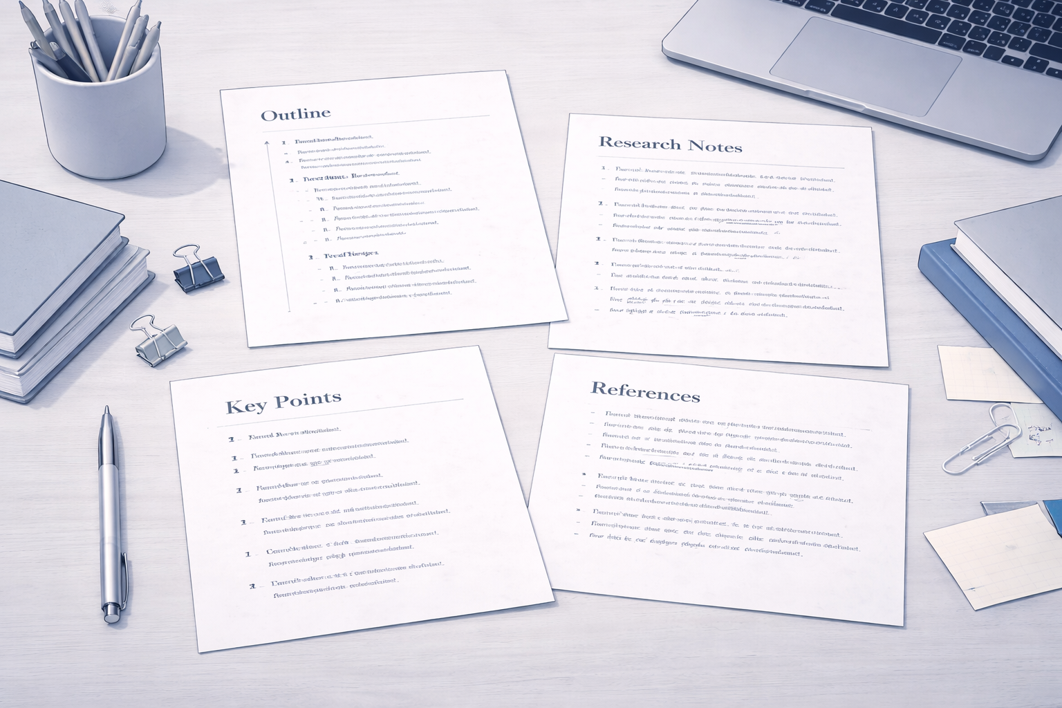 Minimalist academic illustration of organised essay notes arranged into clearly structured sections, presented in a clean university style with a neutral blue and grey colour palette.