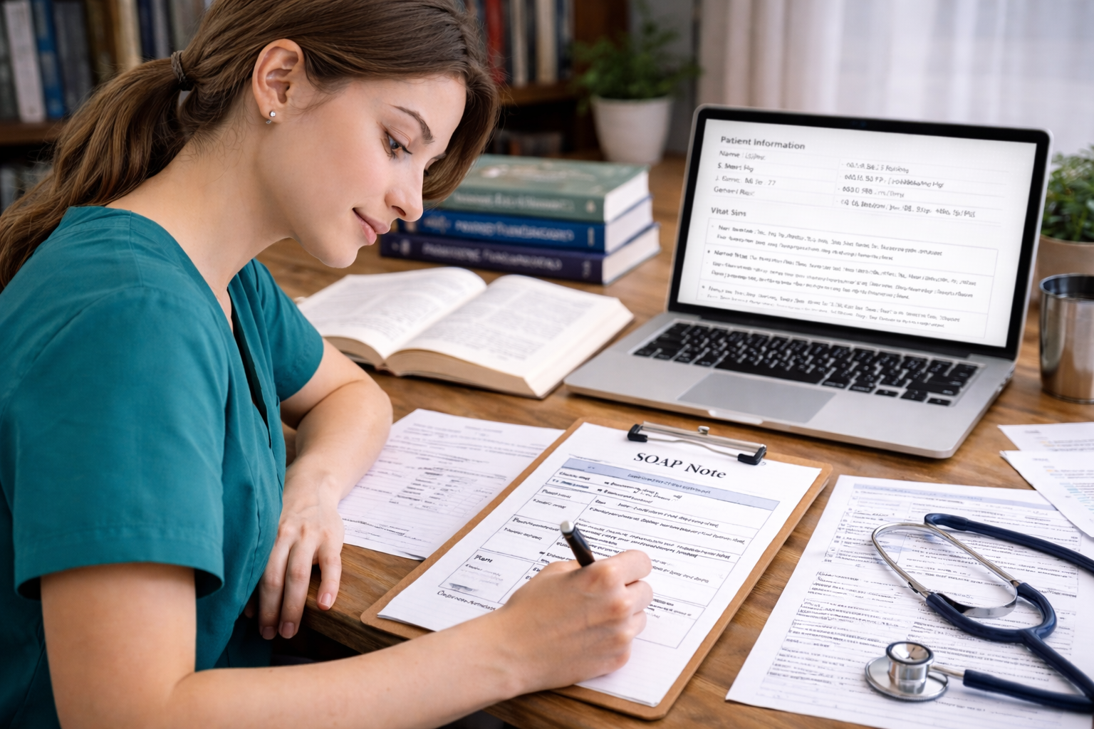 Healthcare student in a quiet university study setting writing a SOAP note on a clipboard at a desk, with patient charts, a laptop displaying clinical information, textbooks, and a stethoscope arranged nearby.
