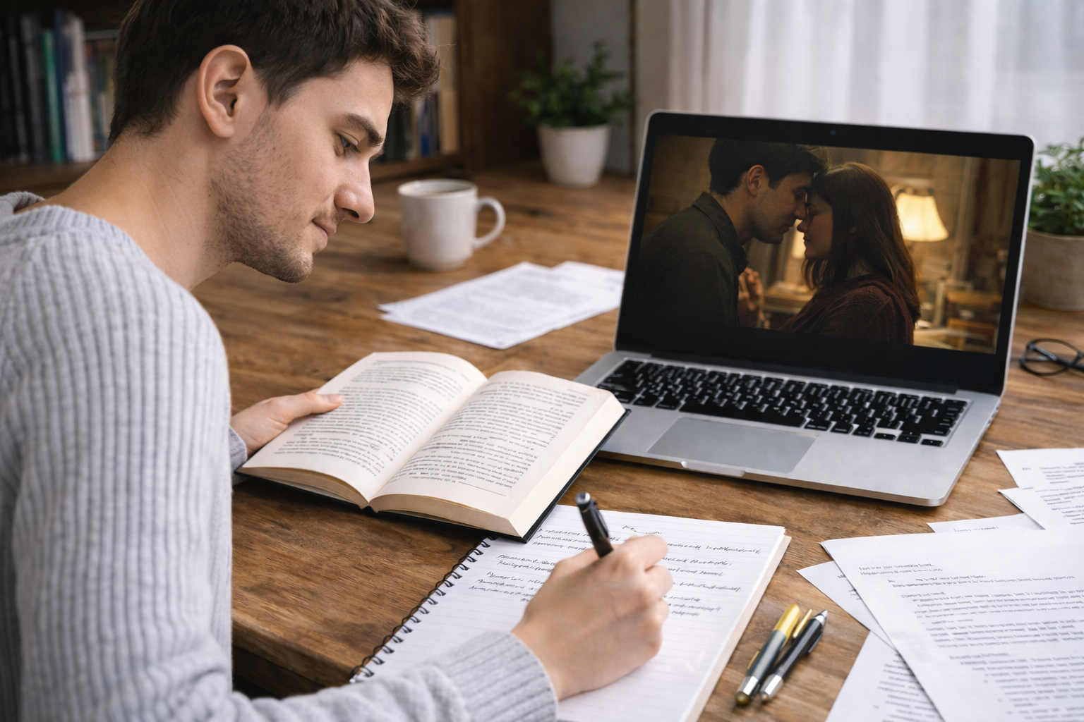 Male university student seated at a study desk analysing a film scene on a laptop while taking structured notes in a notebook for a film review essay in a quiet academic setting.
