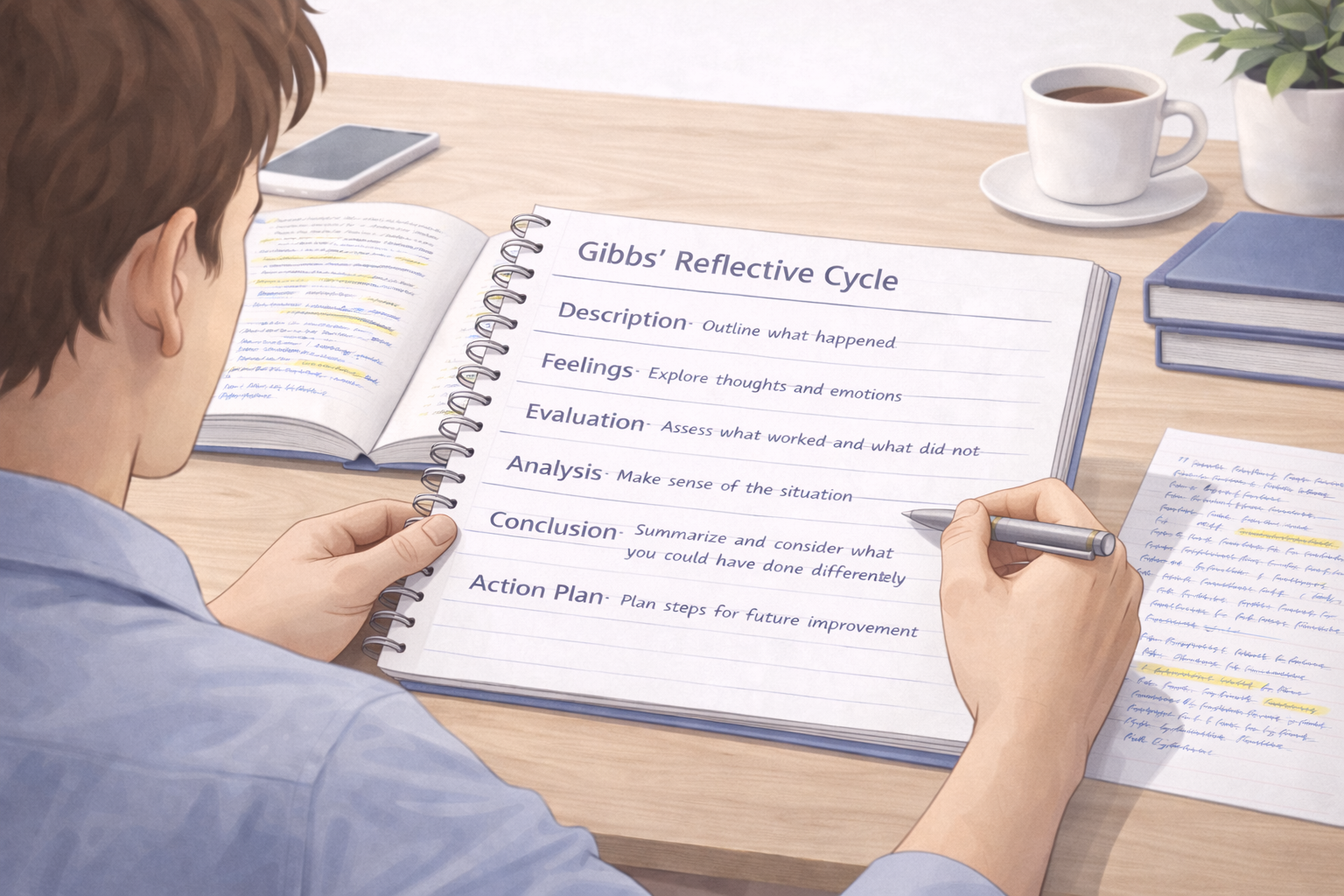 University student reviewing a notebook on Gibbs’ Reflective Cycle, with clearly labelled sections for Description, Feelings, Evaluation, Analysis, Conclusion, and Action Plan, studying at a desk in a focused academic environment.