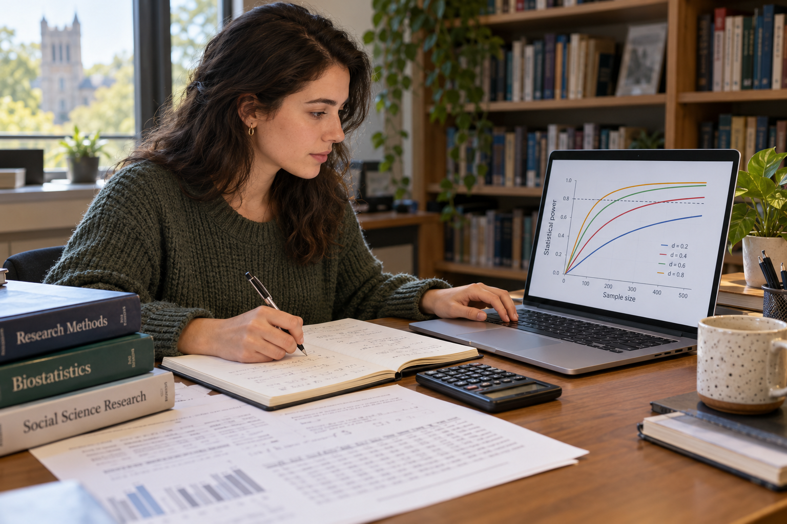 Graduate researcher calculating dissertation sample size using research data, a calculator, and a statistical power analysis chart on a laptop.