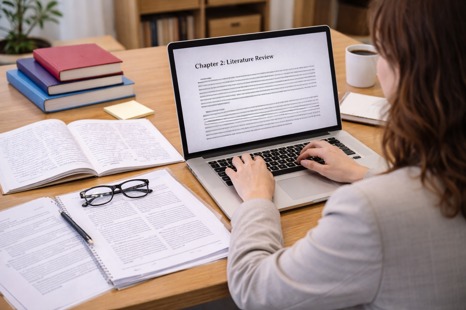 University student writing a thesis on a laptop with academic books, research papers, and notes arranged on a desk in a quiet study environment