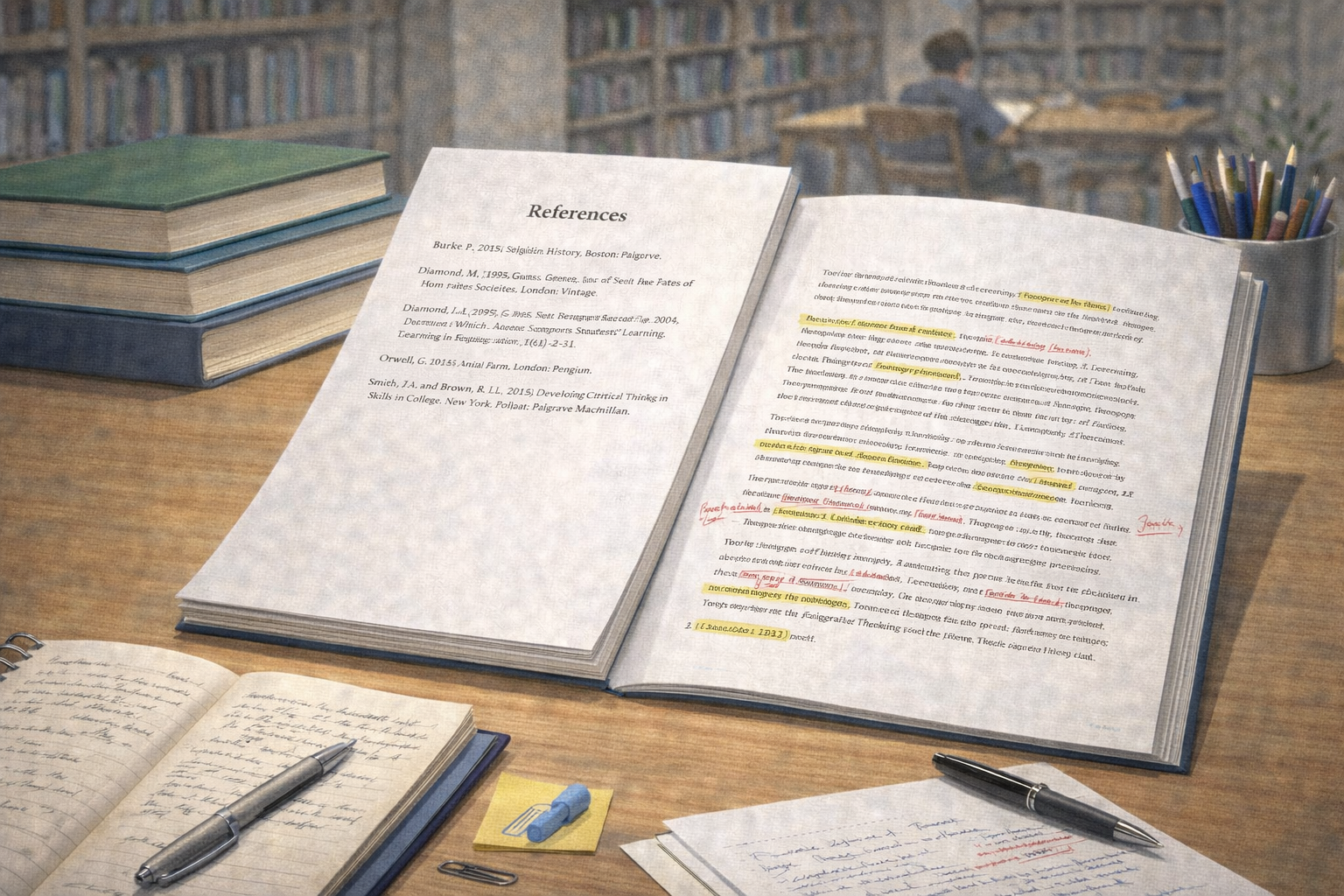 Academic illustration of a university study desk with textbooks, a printed reference list, and an annotated academic paper demonstrating Harvard-style referencing, presented in a clean scholarly setting.