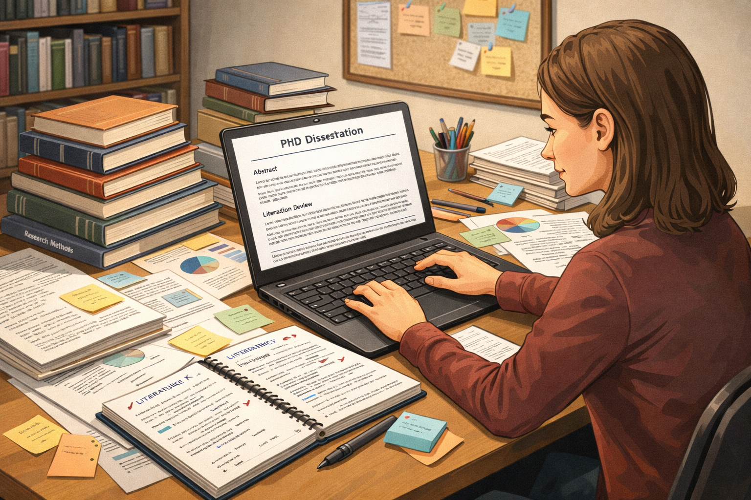 Academic illustration of a PhD student working on a dissertation at a desk with a laptop, books, research papers, and notes, representing structured research and academic writing support in a study environment.