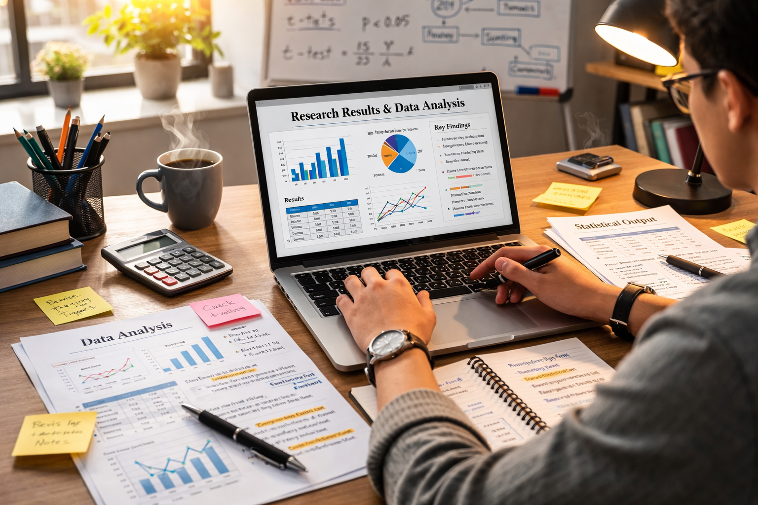 Student presenting research data on a laptop with charts, tables, and statistical outputs, surrounded by notes in a clean academic workspace
