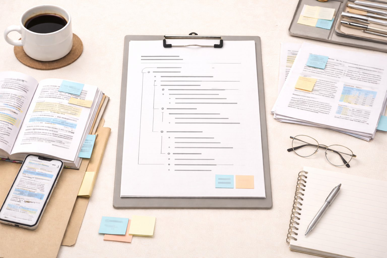 Minimalist academic illustration showing a structured essay outline with headings and notes on a clean university desk, surrounded by research papers and study tools, presented in professional neutral tones with a calm educational aesthetic.