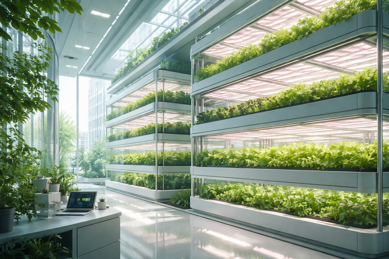 Academic sustainability cover image showing a modern indoor vertical farming system inside an urban building, with multi-layer crop shelves illuminated by LED lighting, clean architectural lines, green tones, and a minimalist, research-oriented aesthetic.