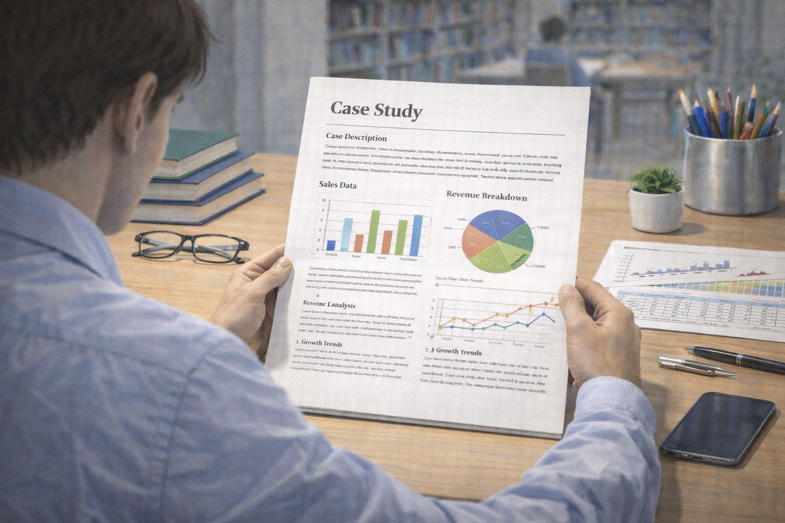 Academic illustration of a university student analysing a printed case study at a desk, with charts, graphs, and academic textbooks arranged nearby, conveying a professional and analytical academic setting.