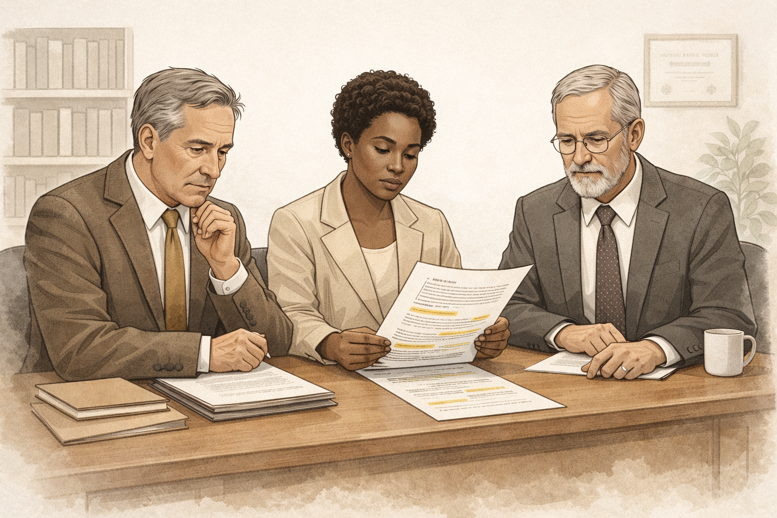 Professional academic illustration of a university disciplinary panel reviewing a student assignment with highlighted citations, depicting formal evaluation and academic integrity in a neutral, balanced scholarly setting.