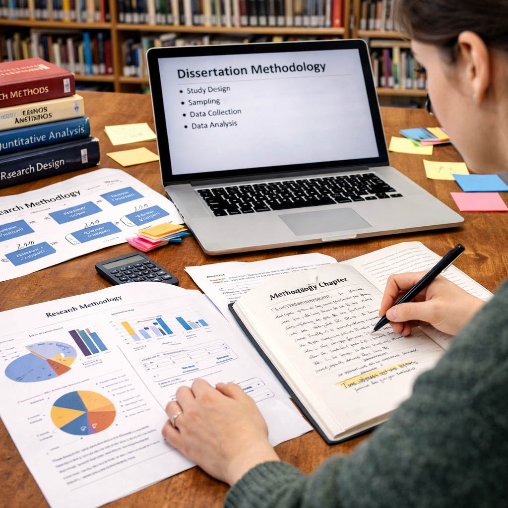 Graduate student writing dissertation methodology chapter at a study desk with laptop, research diagrams, statistical charts, academic books, and detailed notes in a university study environment