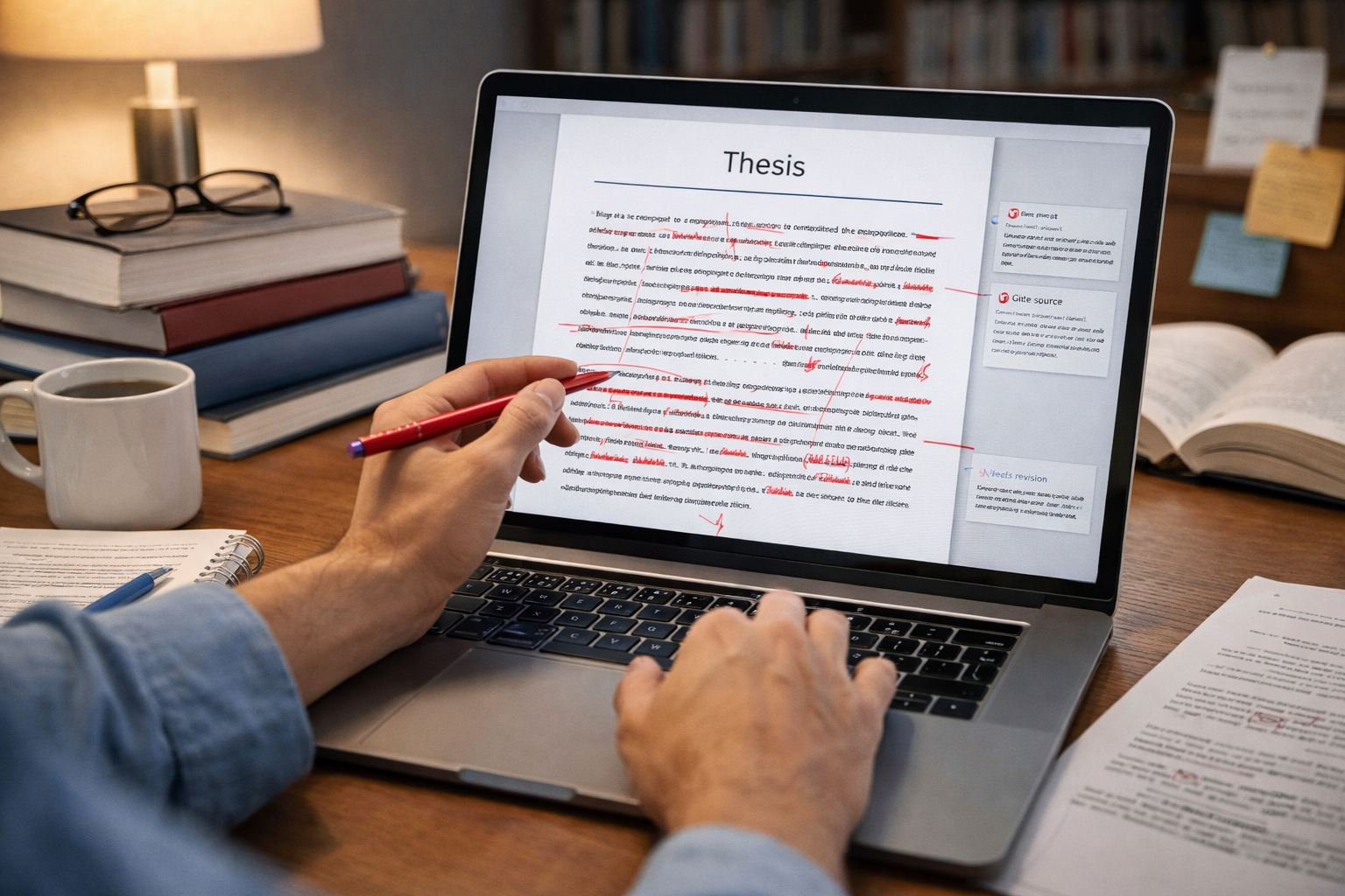 Academic illustration of a student reviewing a thesis document on a laptop, with visible proofreading marks, surrounded by academic books and study materials on a desk.