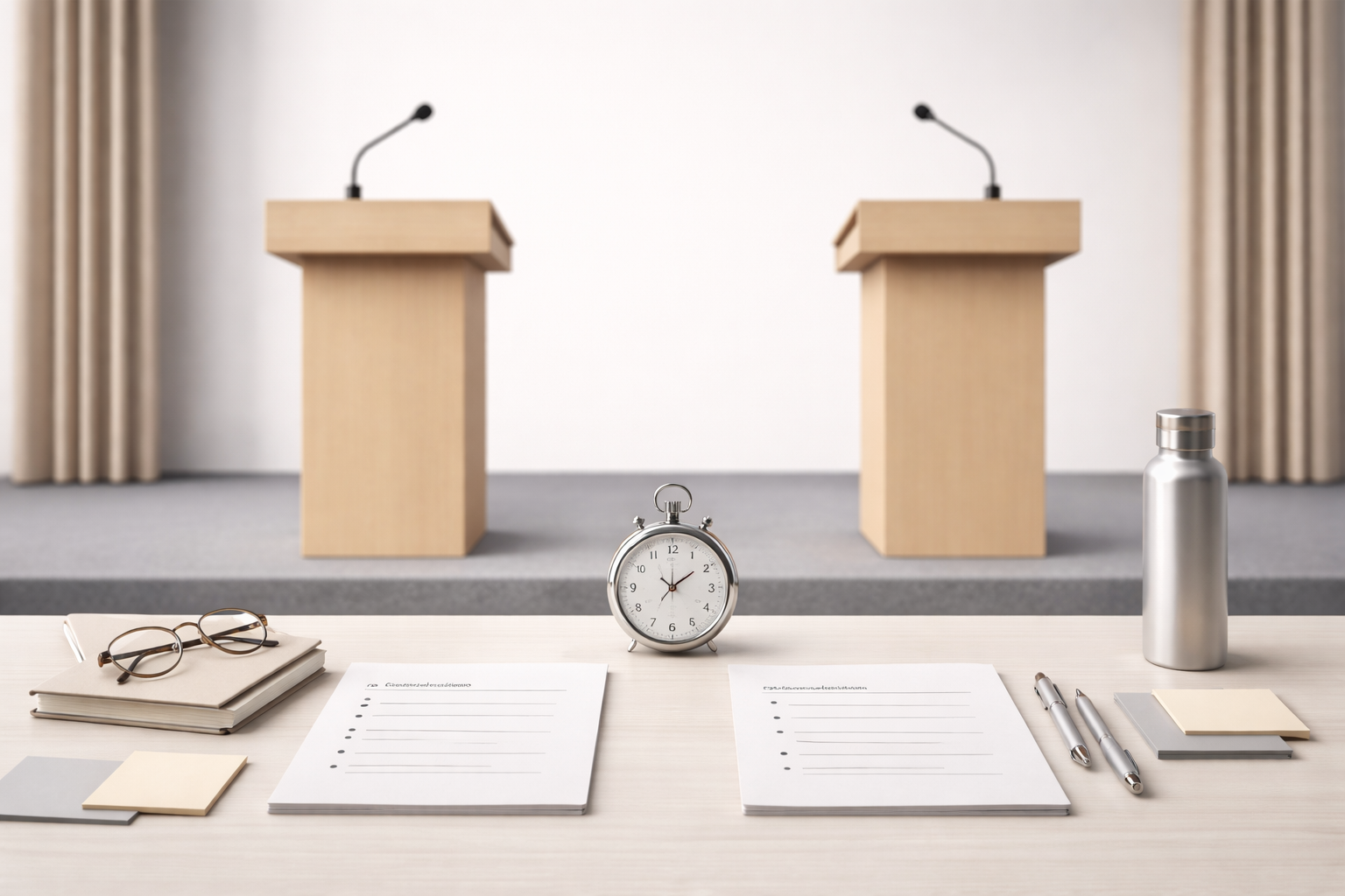 Minimalist university debate setup featuring two opposing lecterns on a stage, a central stopwatch, and neatly arranged research notes and stationery on a desk, presented in professional neutral tones.