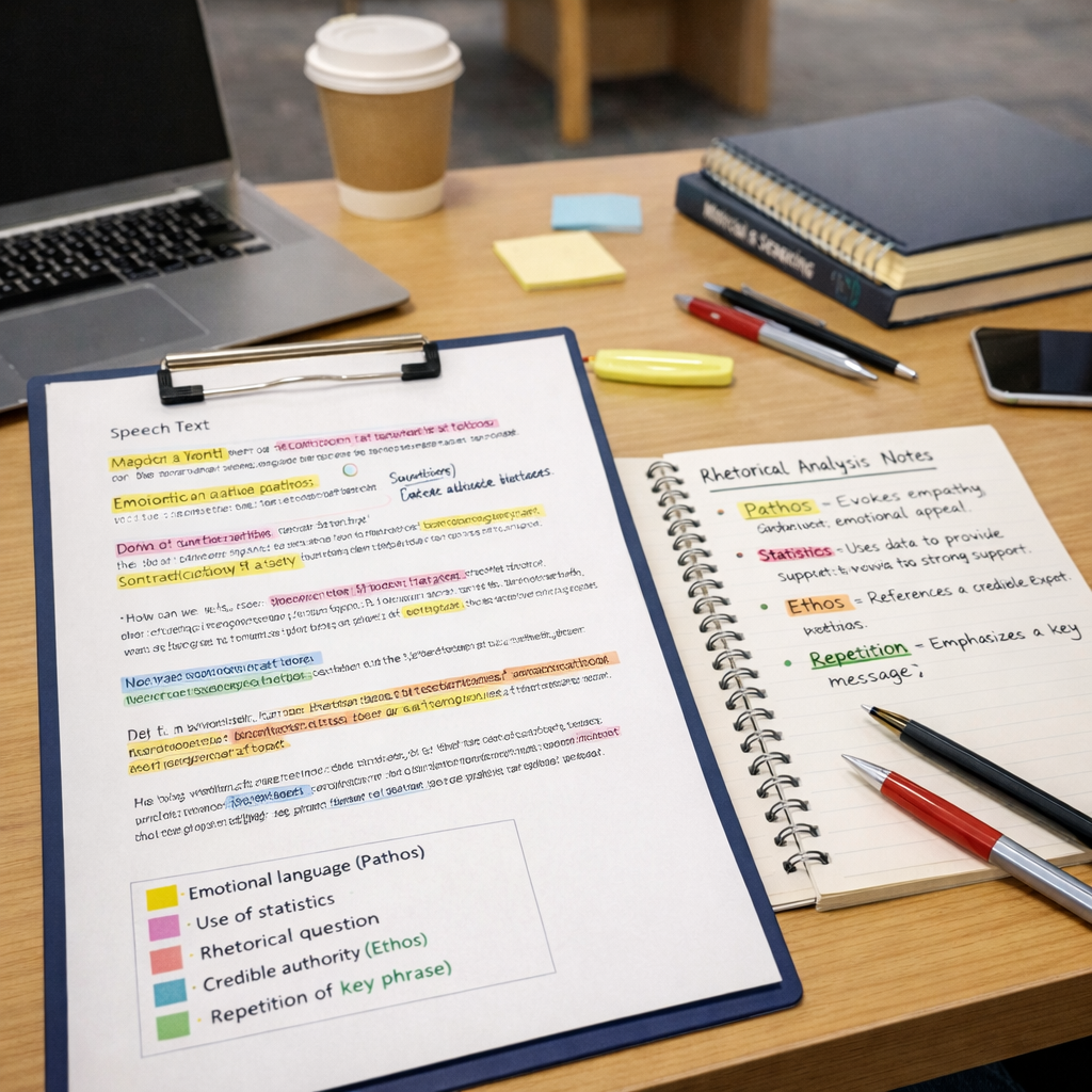 Academic writing desk displaying an annotated speech text with highlighted rhetorical devices, alongside handwritten rhetorical analysis notes, notebooks, and study materials in a clean university setting with neutral colours.