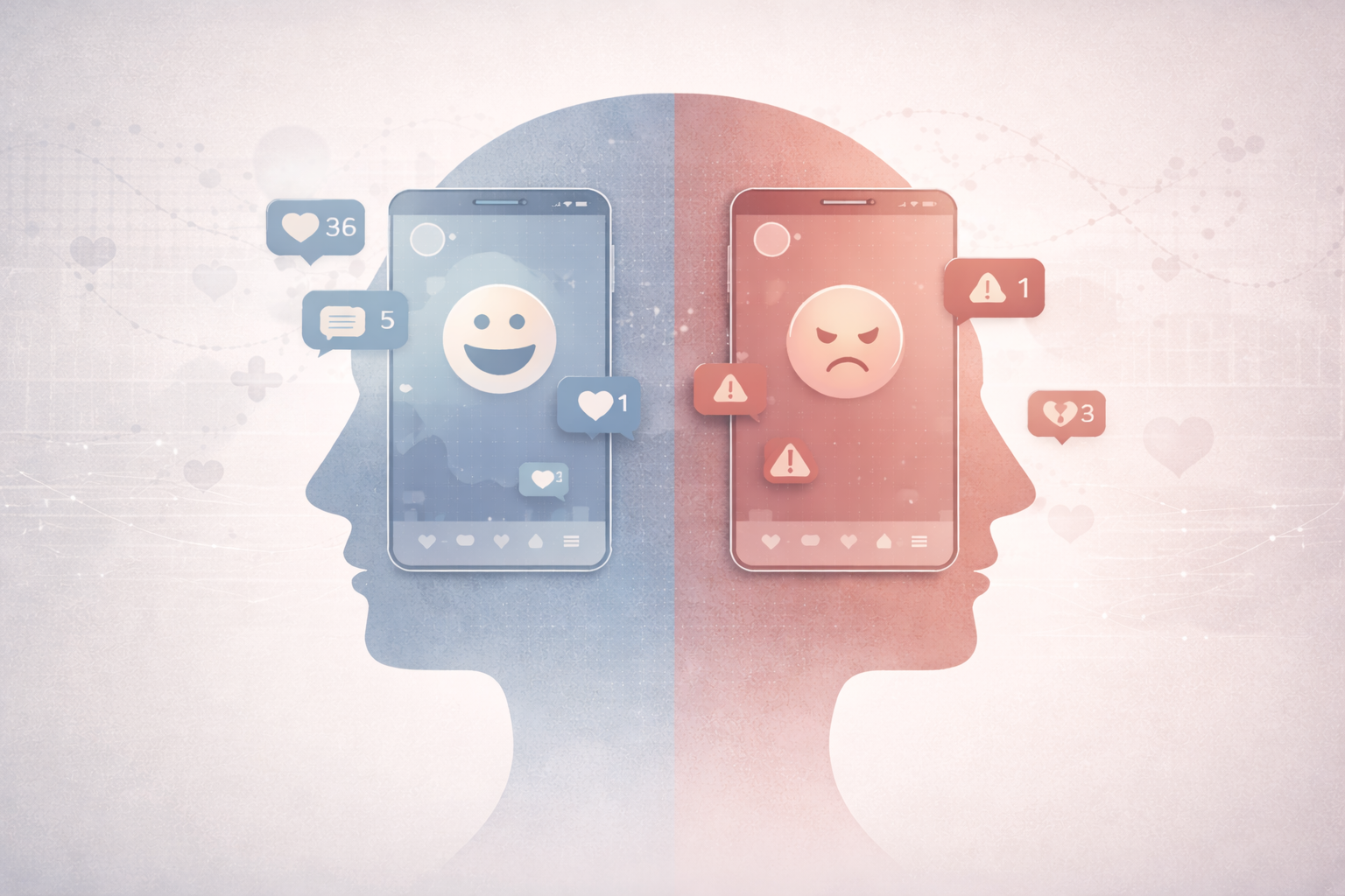 Academic psychology cover image illustrating the mental health impacts of social media, showing a minimalist human head silhouette split into neutral blue and muted red tones, overlaid with subtle smartphone interfaces and notification icons representing contrasting states of well being and emotional distress.