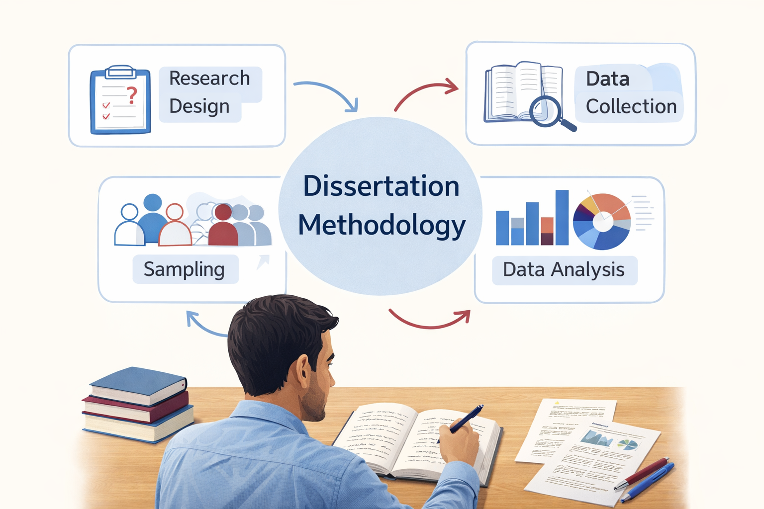 Clean academic illustration of a dissertation methodology diagram with labeled sections for research design, data collection, sampling, and data analysis surrounding a student taking research notes at a desk.