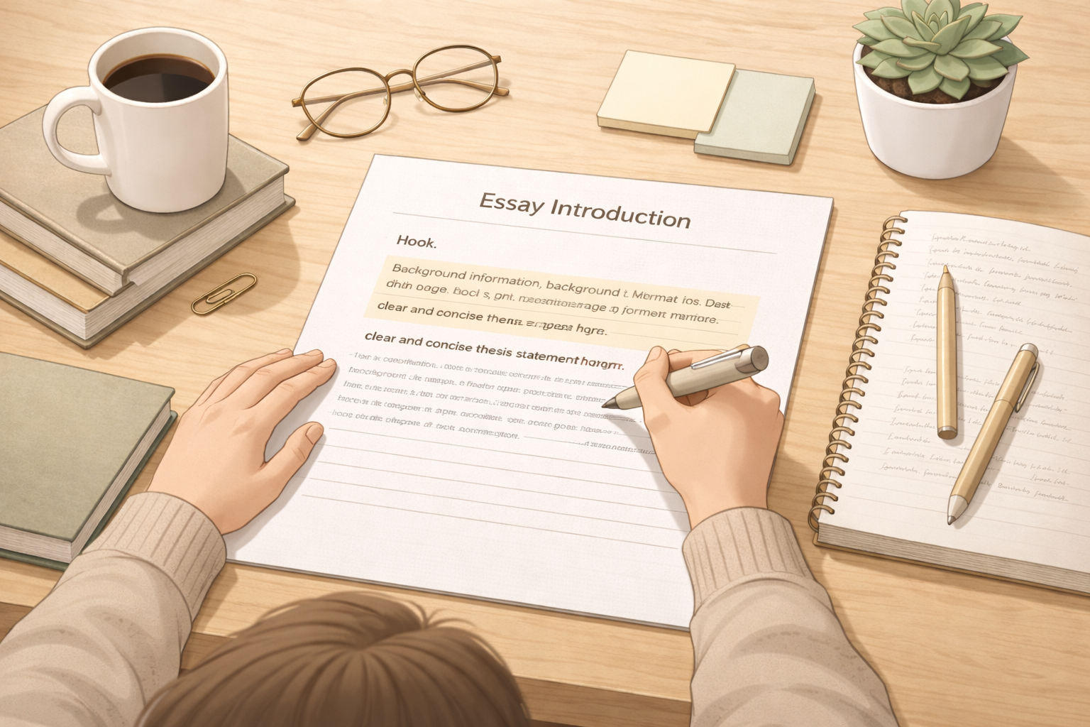 Clean academic illustration of a student drafting an essay introduction at a minimalist desk, with books, notebooks, and study notes arranged neatly in a neutral university colour palette and professional educational style.