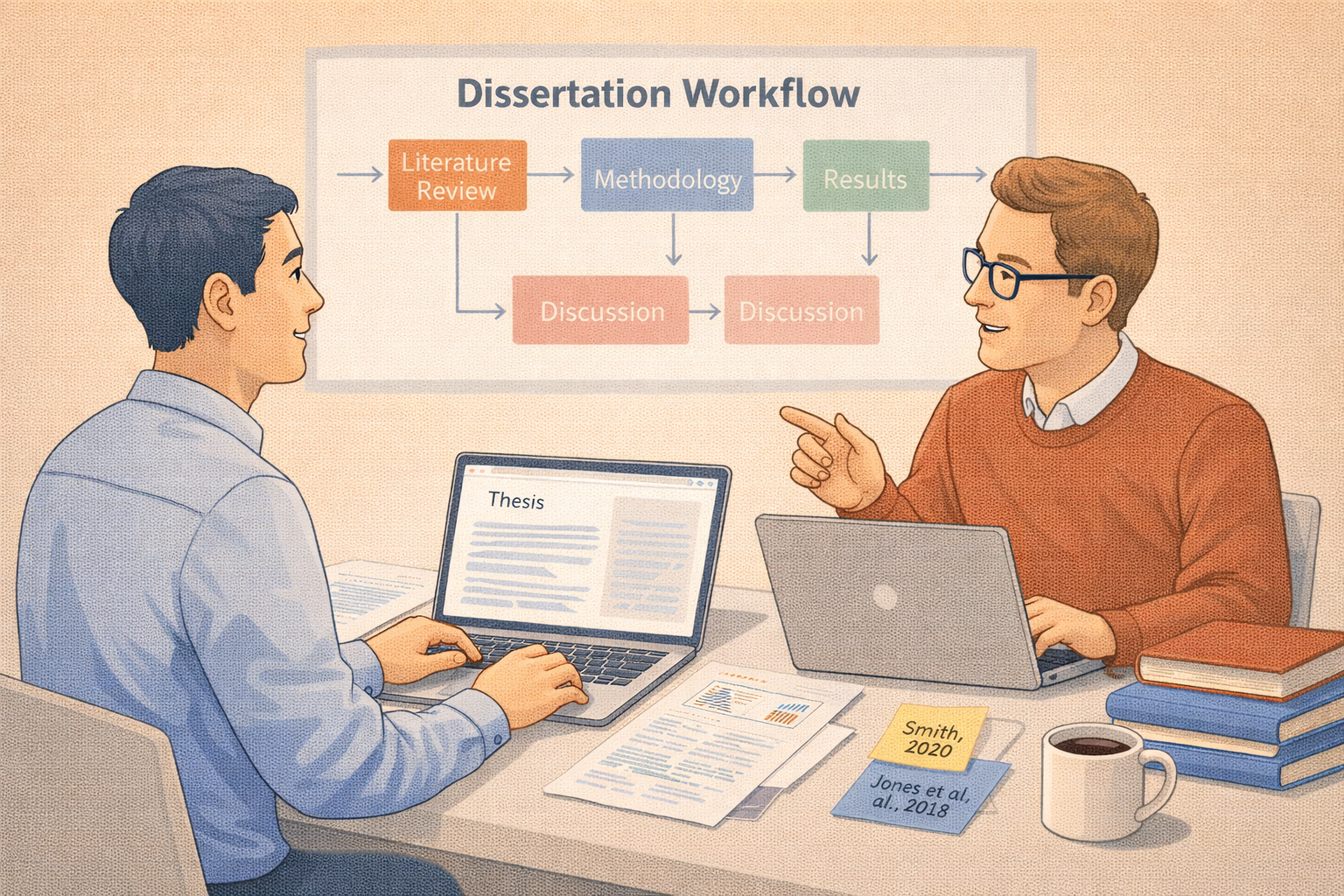 Academic illustration of a graduate student collaborating with a mentor on a dissertation, working with a laptop, research papers, and books, alongside a structured workflow diagram outlining the research process.