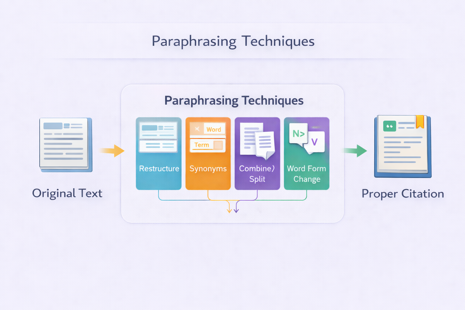 Clean academic infographic illustrating the flow from original text to paraphrasing techniques—restructure, synonyms, combine or split, and word form change—leading to proper citation.