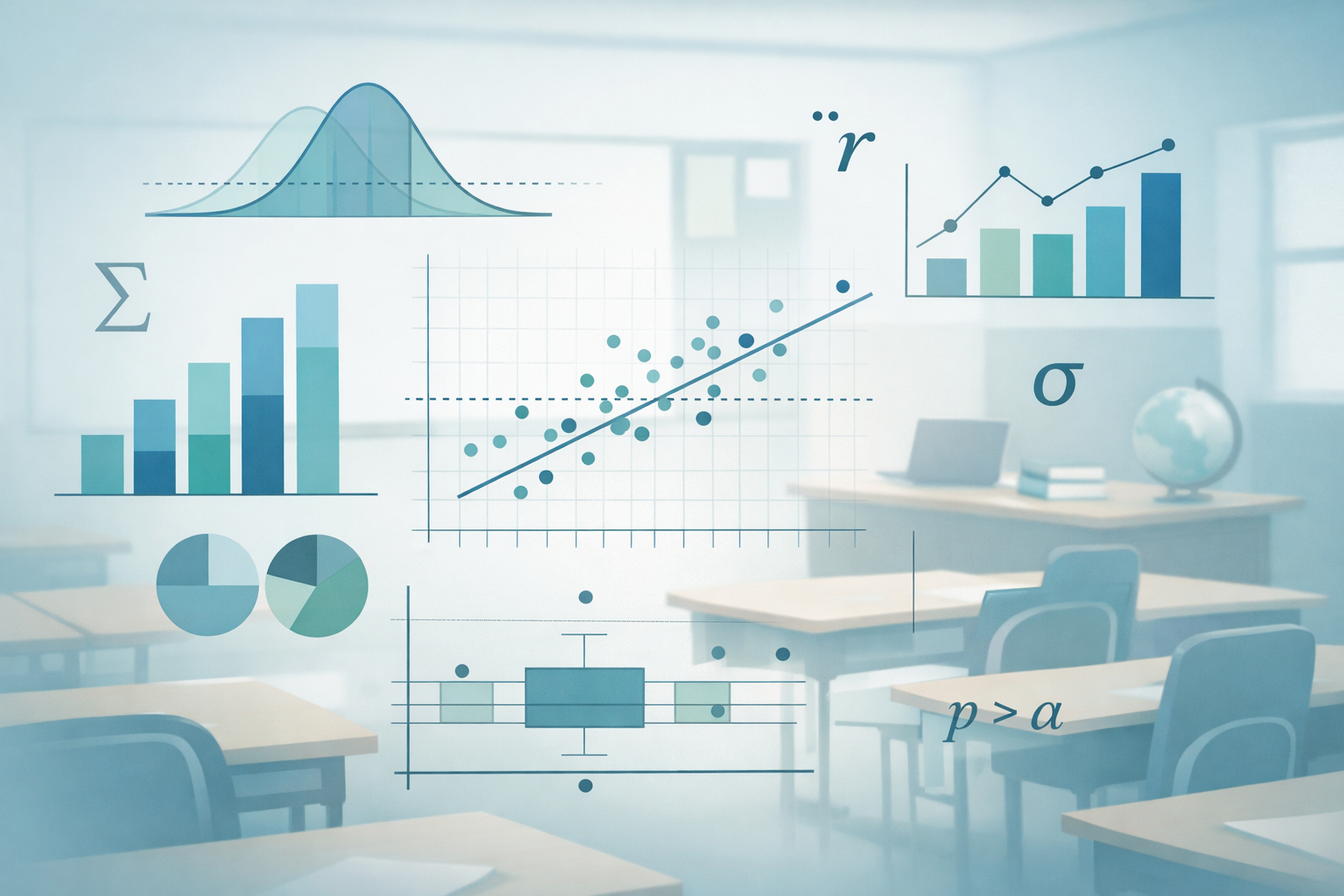 Minimalist academic illustration of a modern classroom overlaid with regression lines, bar charts, scatter plots, and statistical symbols in blue and green tones, representing data-driven education research.