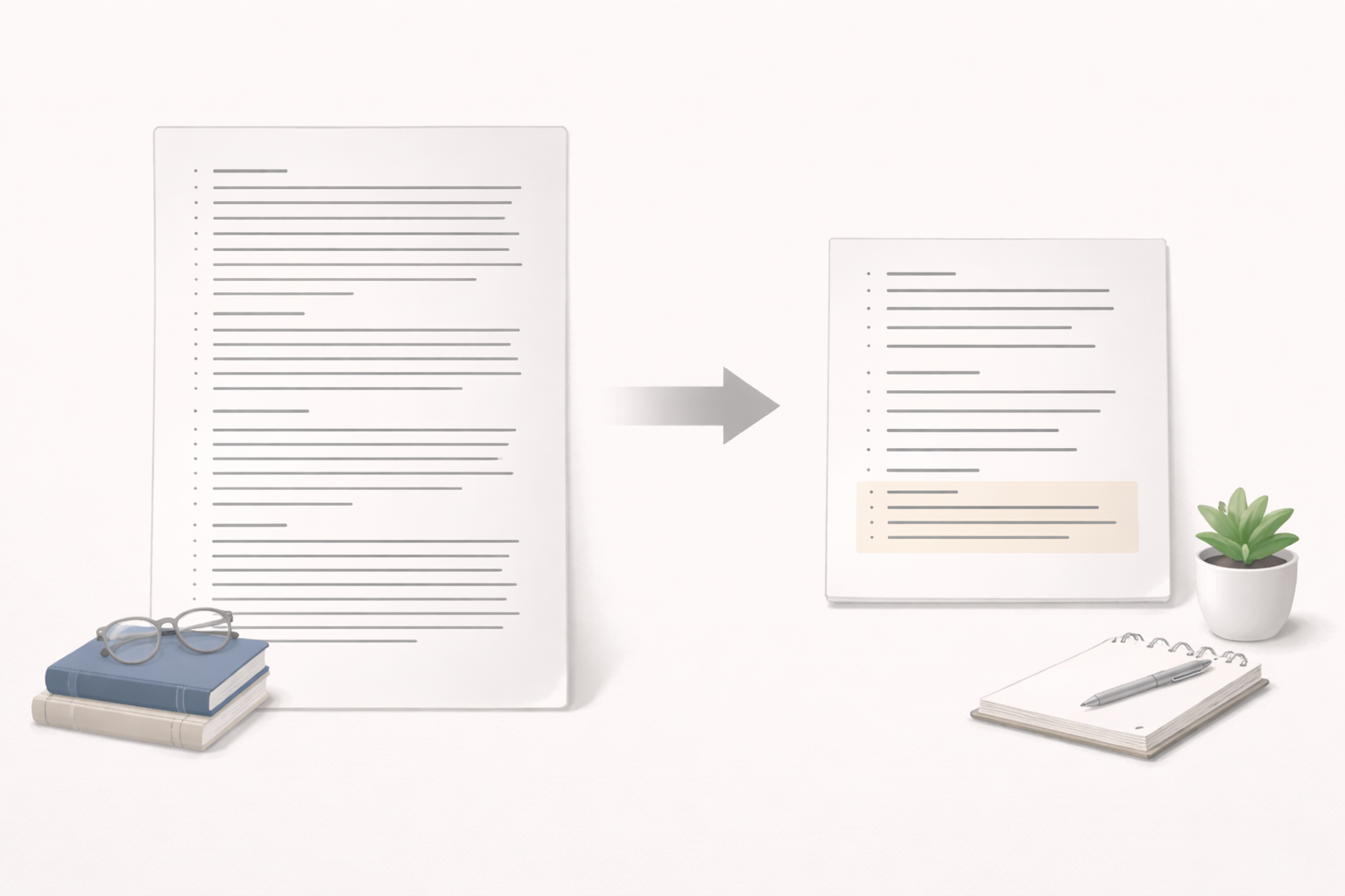 Clean academic illustration showing a long essay document condensed into a shorter, structured summary, connected by a directional arrow, presented in a minimalist university style with neutral colours and a professional scholarly tone, without text overlays.