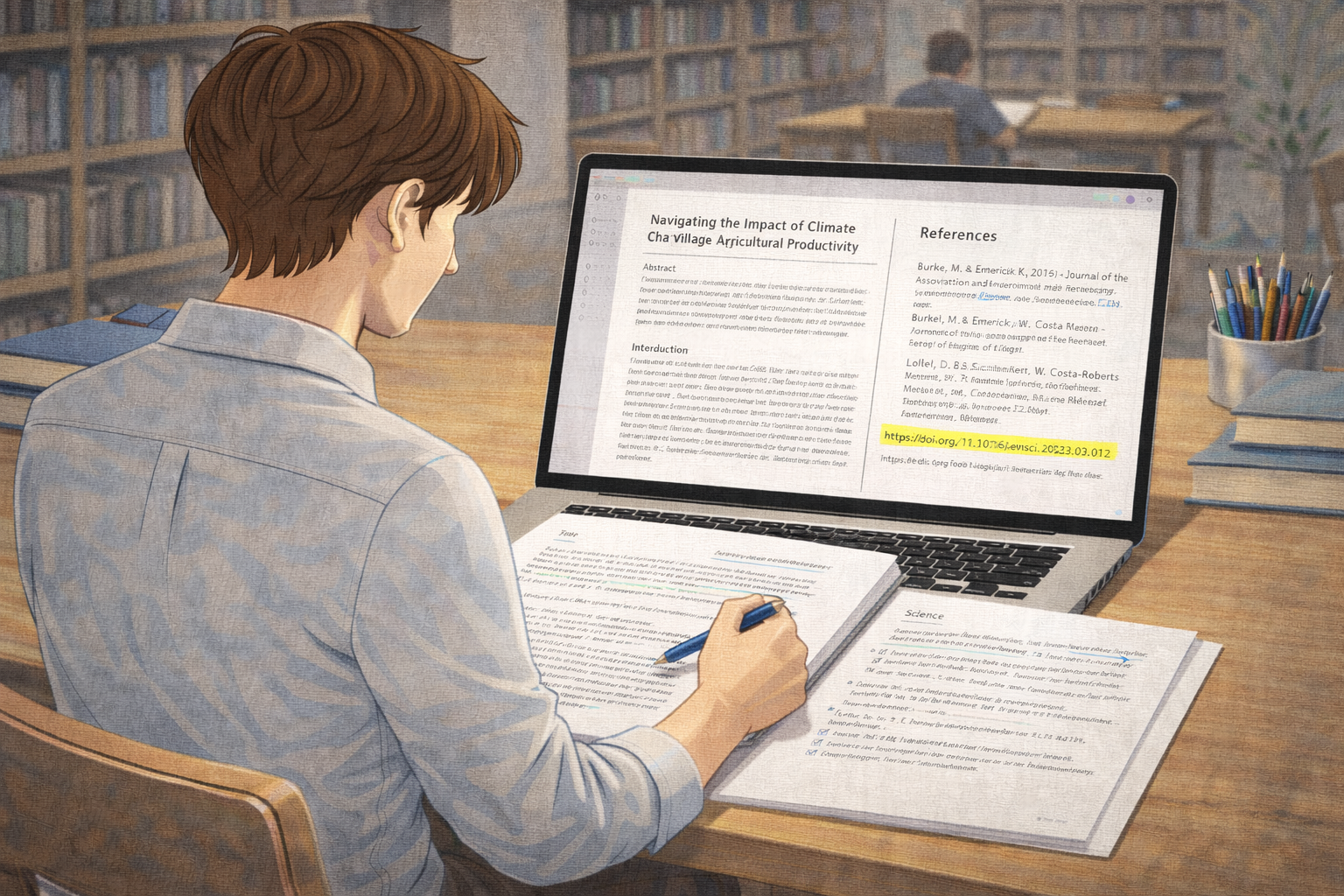 Academic illustration of a university student reviewing a peer-reviewed journal article on a laptop, with an academic reference list visible on the screen and a highlighted DOI link, alongside handwritten notes in a scholarly study environment.