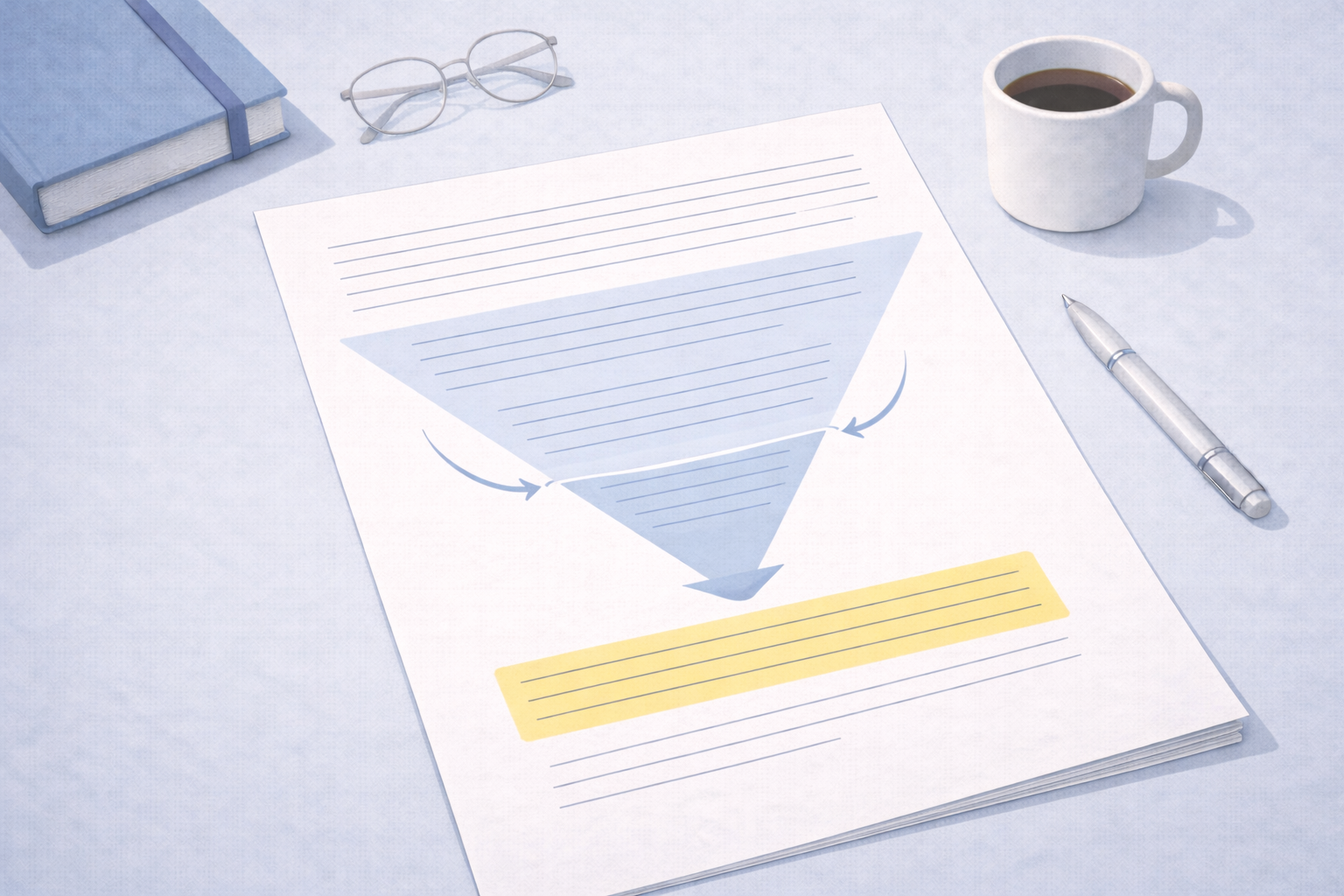 Minimalist academic illustration showing an essay introduction narrowing into a single highlighted thesis statement, representing the funnel structure of academic writing in a clean university style with neutral blue and grey tones.