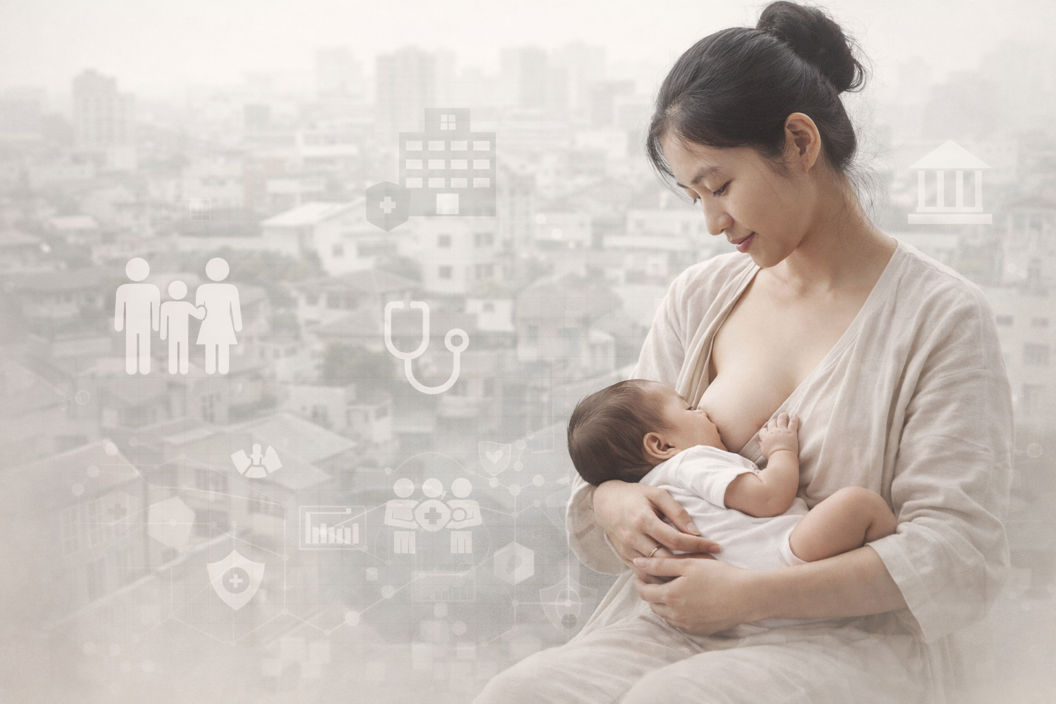 Academic public-health illustration showing a mother breastfeeding an infant in an urban Asian setting, overlaid with subtle icons representing family, healthcare systems, and community policy support.