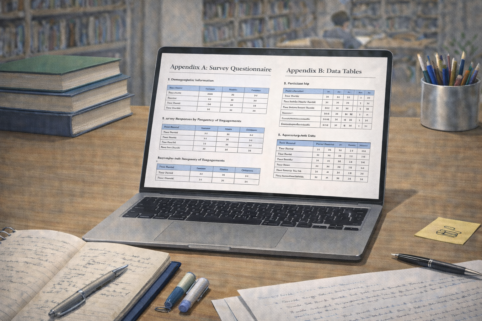 Academic illustration of a laptop displaying an academic report appendix section with organised tables and supporting documents, placed on a university study desk in a professional and scholarly atmosphere.