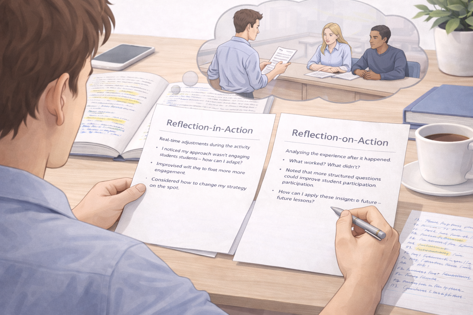 University student reviewing notes labelled “Reflection-in-Action” and “Reflection-on-Action” while analysing a practical learning experience at a desk in a focused academic setting.