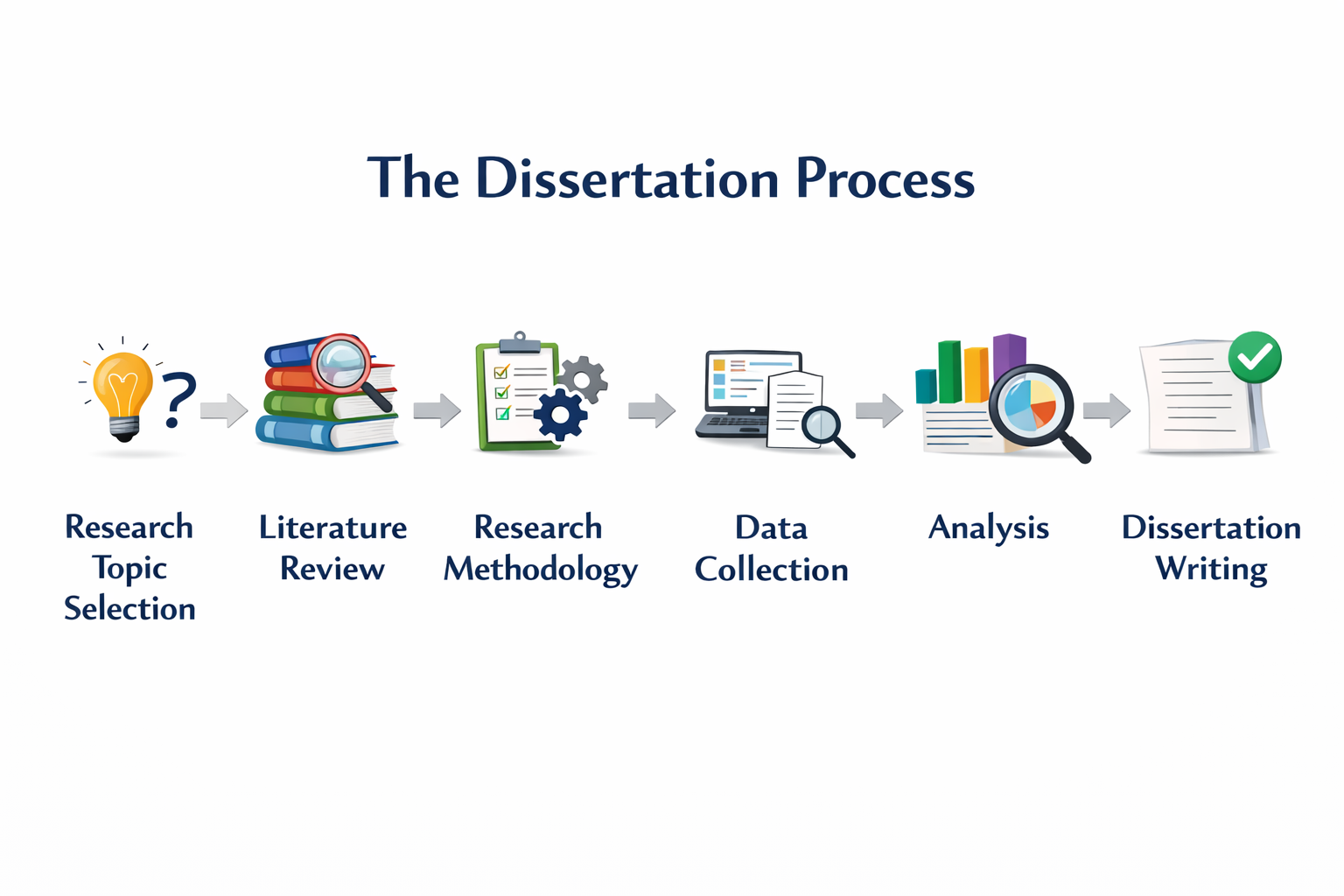Clean academic infographic illustrating the dissertation process in sequential stages from research topic selection and literature review through research methodology, data collection, analysis, dissertation writing, and final submission, presented with structured arrows and clear labeled steps.