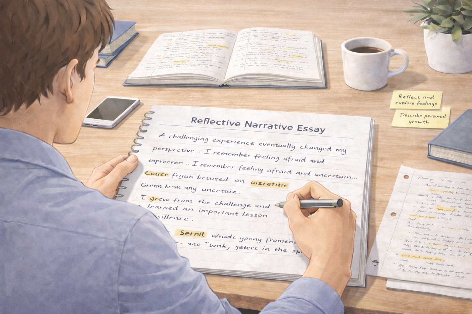 College student writing a reflective narrative essay at a desk, surrounded by notebooks, textbooks, and study materials, working in a calm and focused academic environment.