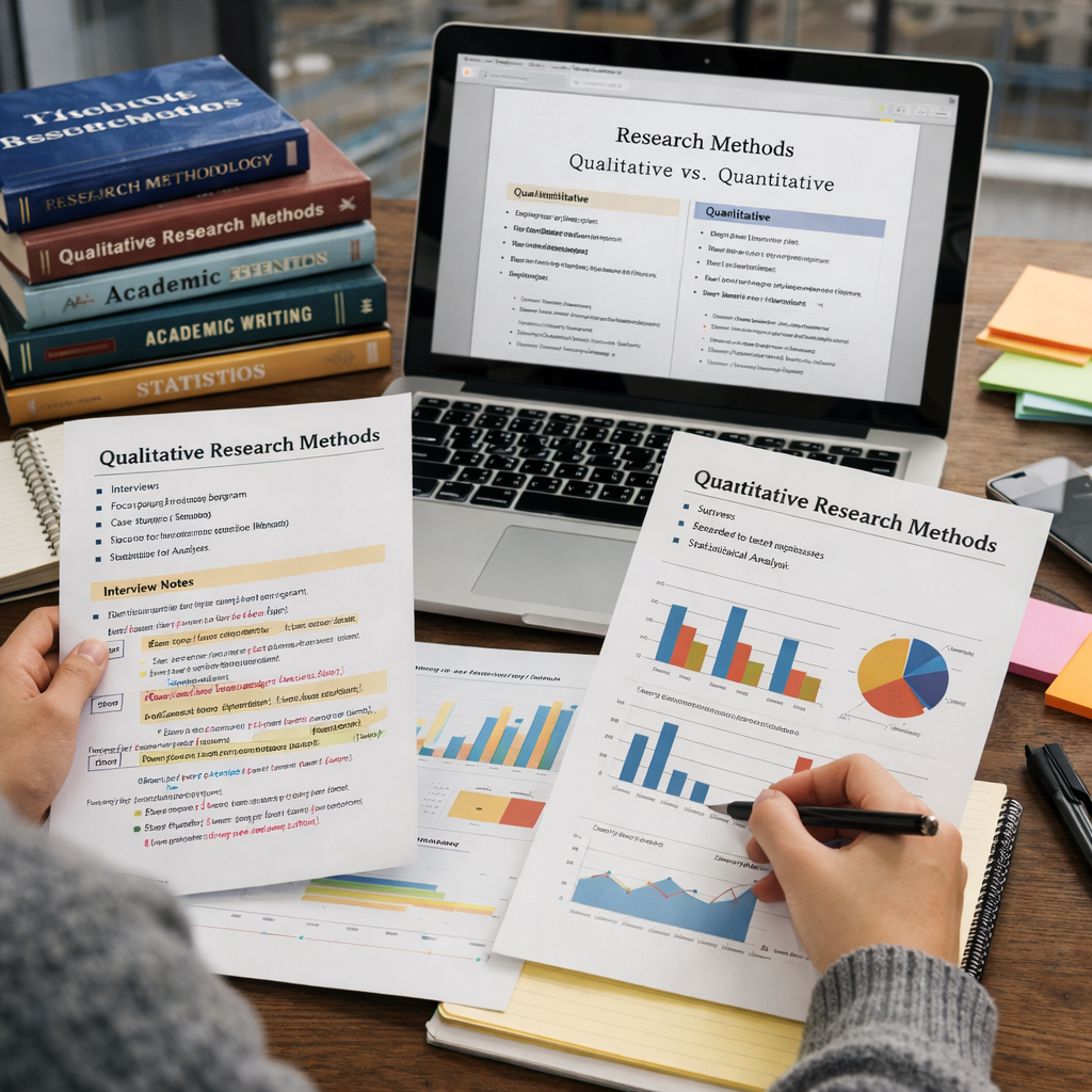 Graduate student comparing qualitative and quantitative research methods at a study desk with printed interview notes, statistical charts, graphs, a laptop displaying research comparisons, and academic books.