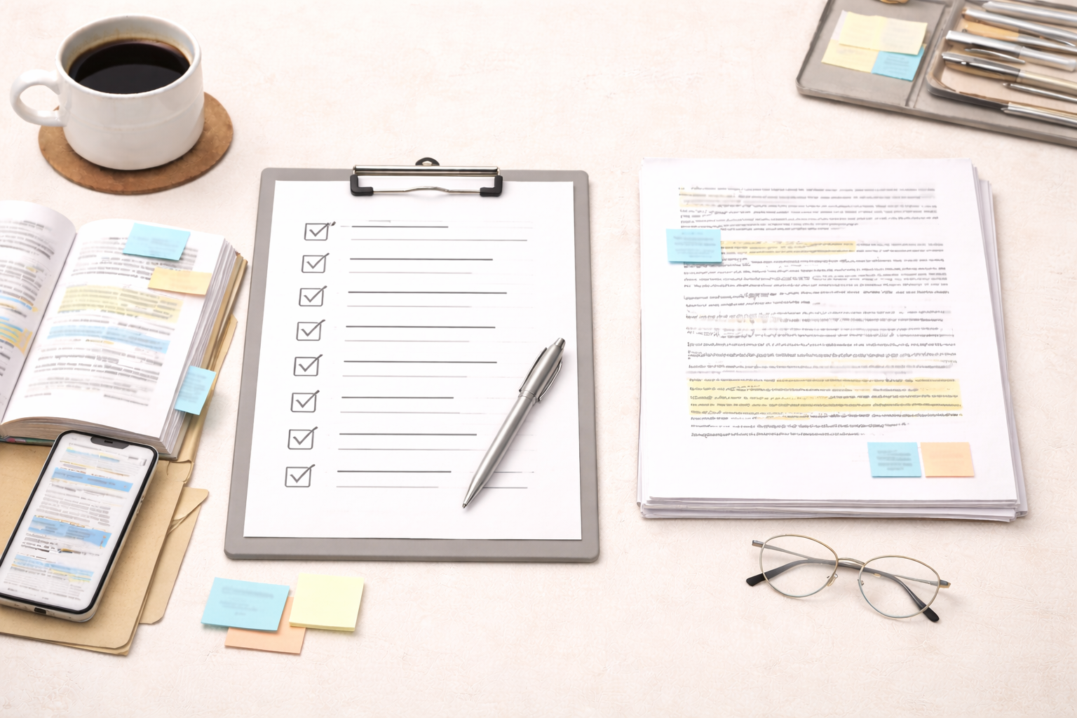 Minimalist academic illustration showing a checklist placed beside a neatly organised essay draft on a clean university desk, with notes and study tools arranged in professional neutral tones.