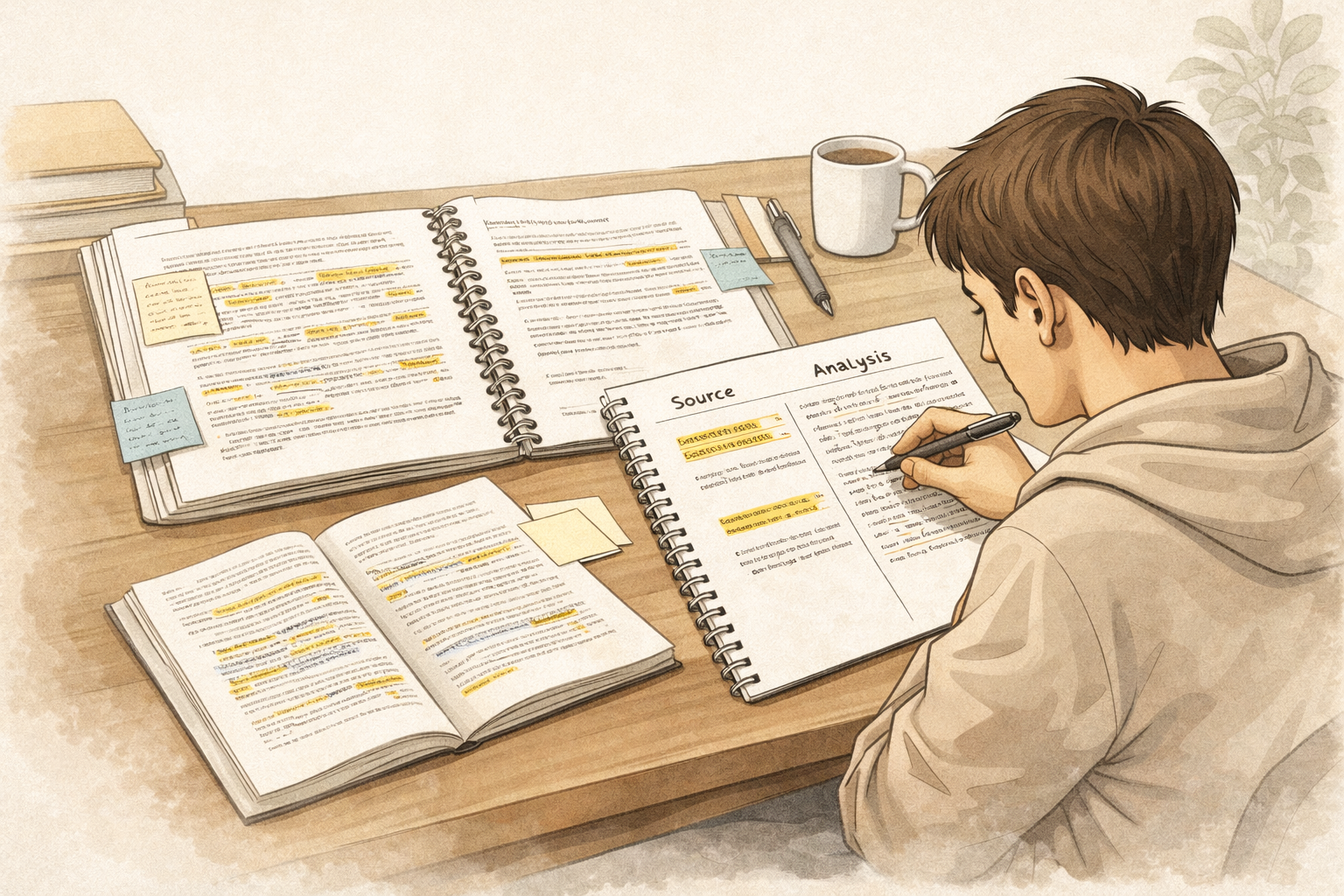 Clean academic illustration of a university student drafting an essay at a desk, with organised notes and highlighted citations clearly separated from the student’s original analysis, presented in a neutral scholarly colour palette.