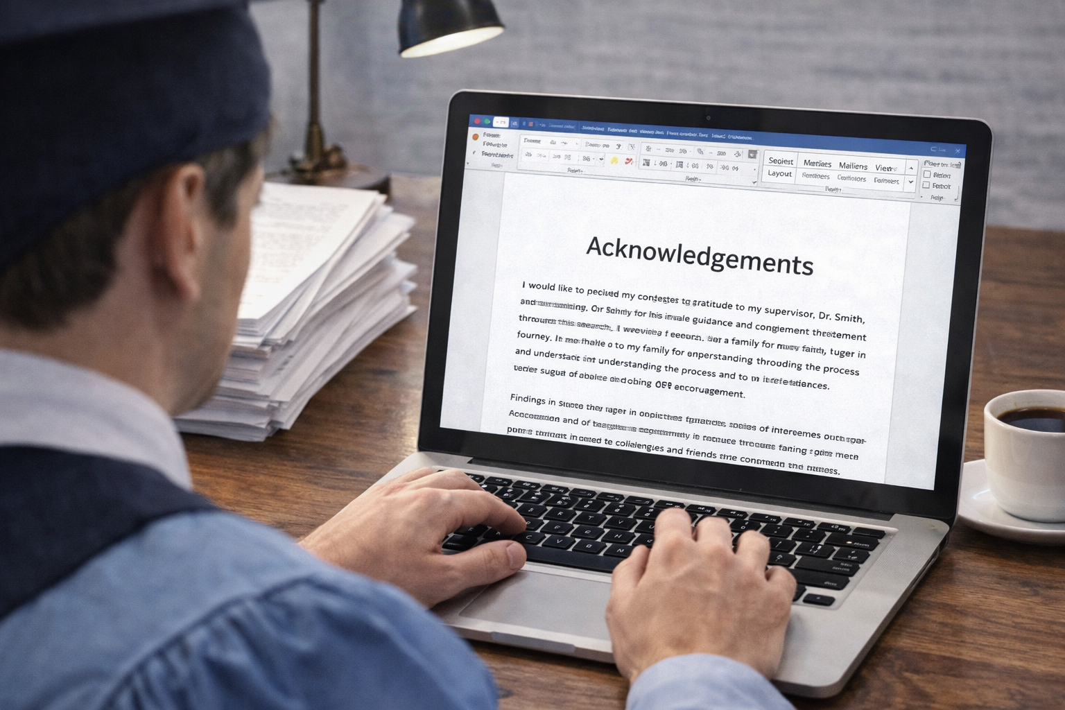 Graduate student typing the acknowledgements section of a thesis on a laptop, with academic papers stacked beside the computer in a focused university study setting.
